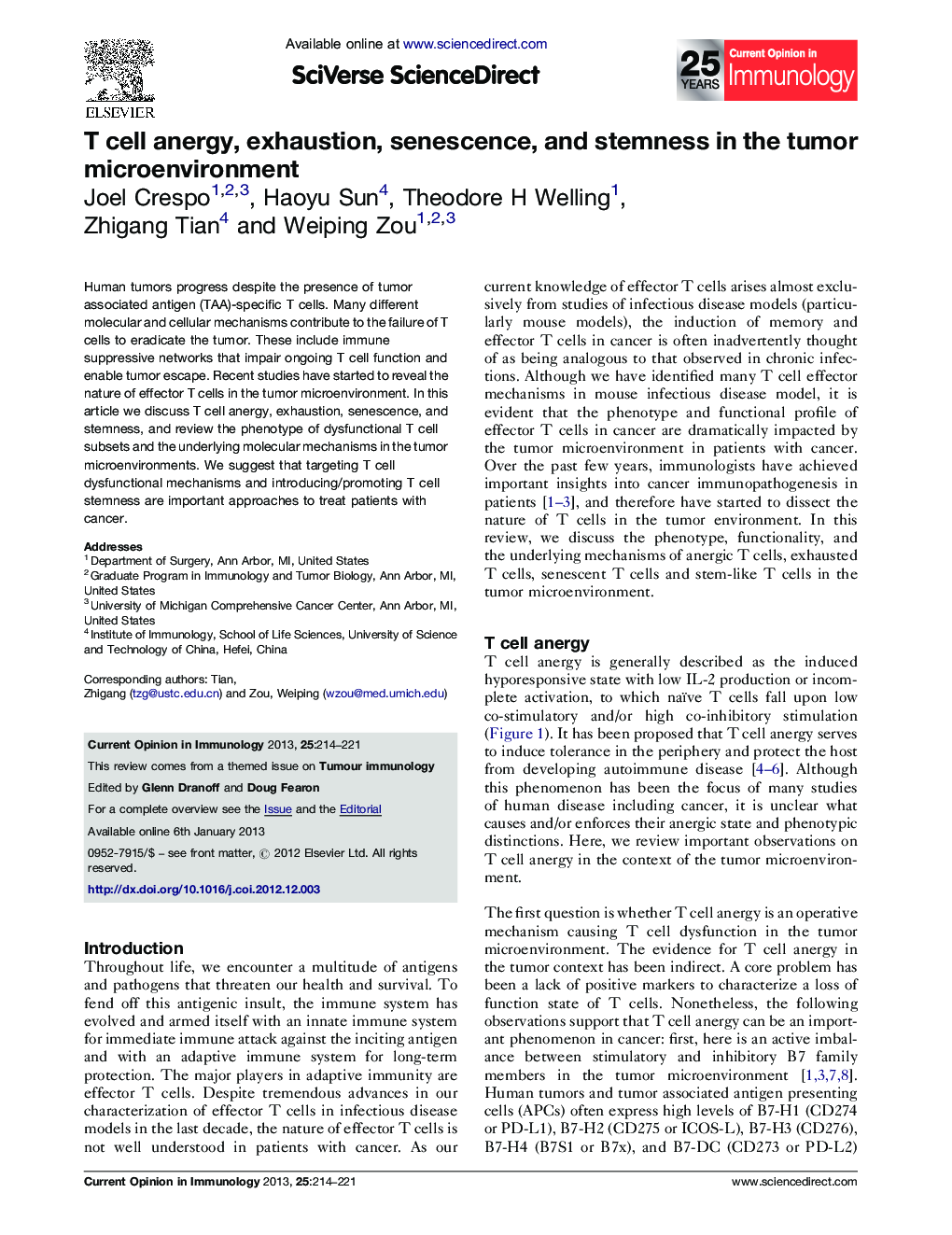 T cell anergy, exhaustion, senescence, and stemness in the tumor microenvironment