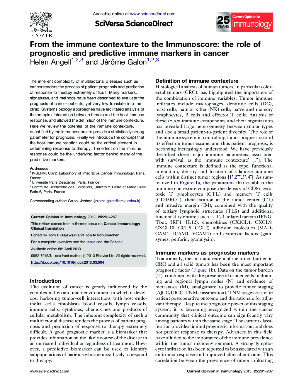 عکس صفحه اول مقاله: From the immune contexture to the Immunoscore: the role of prognostic and predictive immune markers in cancer From the immune contexture to the Immunoscore: the role of prognostic and predictive immune markers in cancer