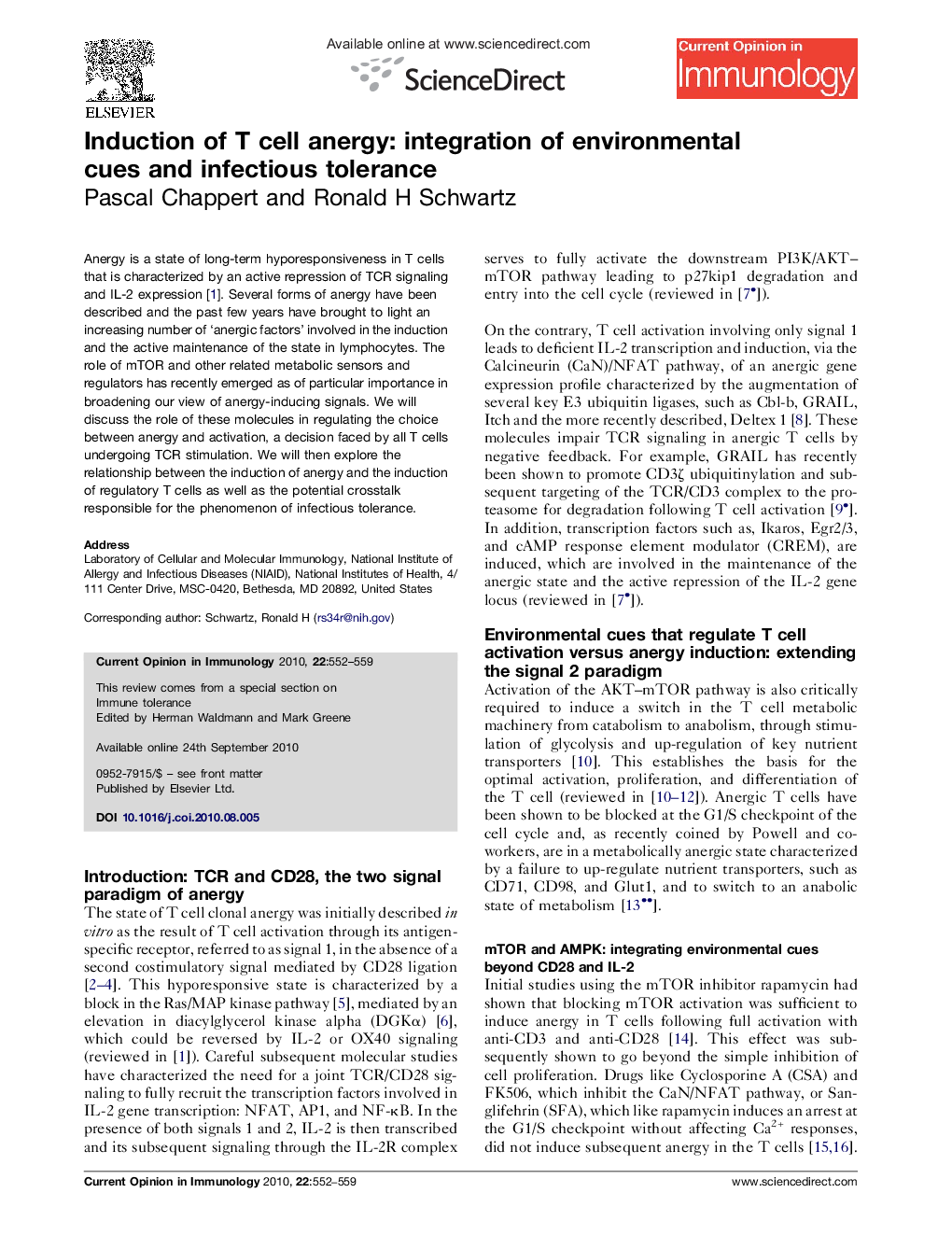 Induction of T cell anergy: integration of environmental cues and infectious tolerance