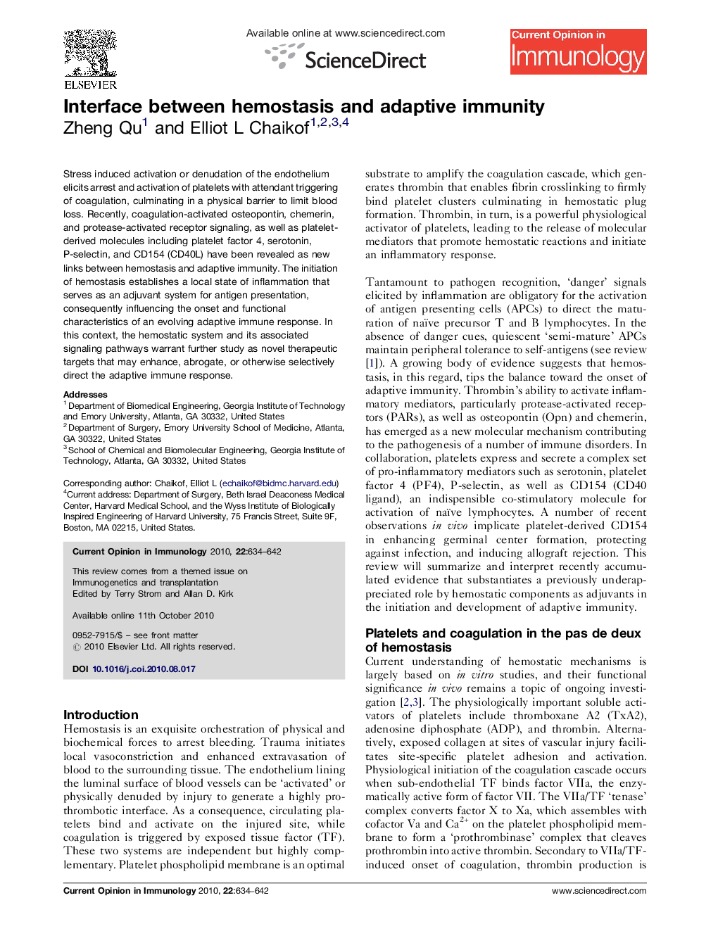 Interface between hemostasis and adaptive immunity