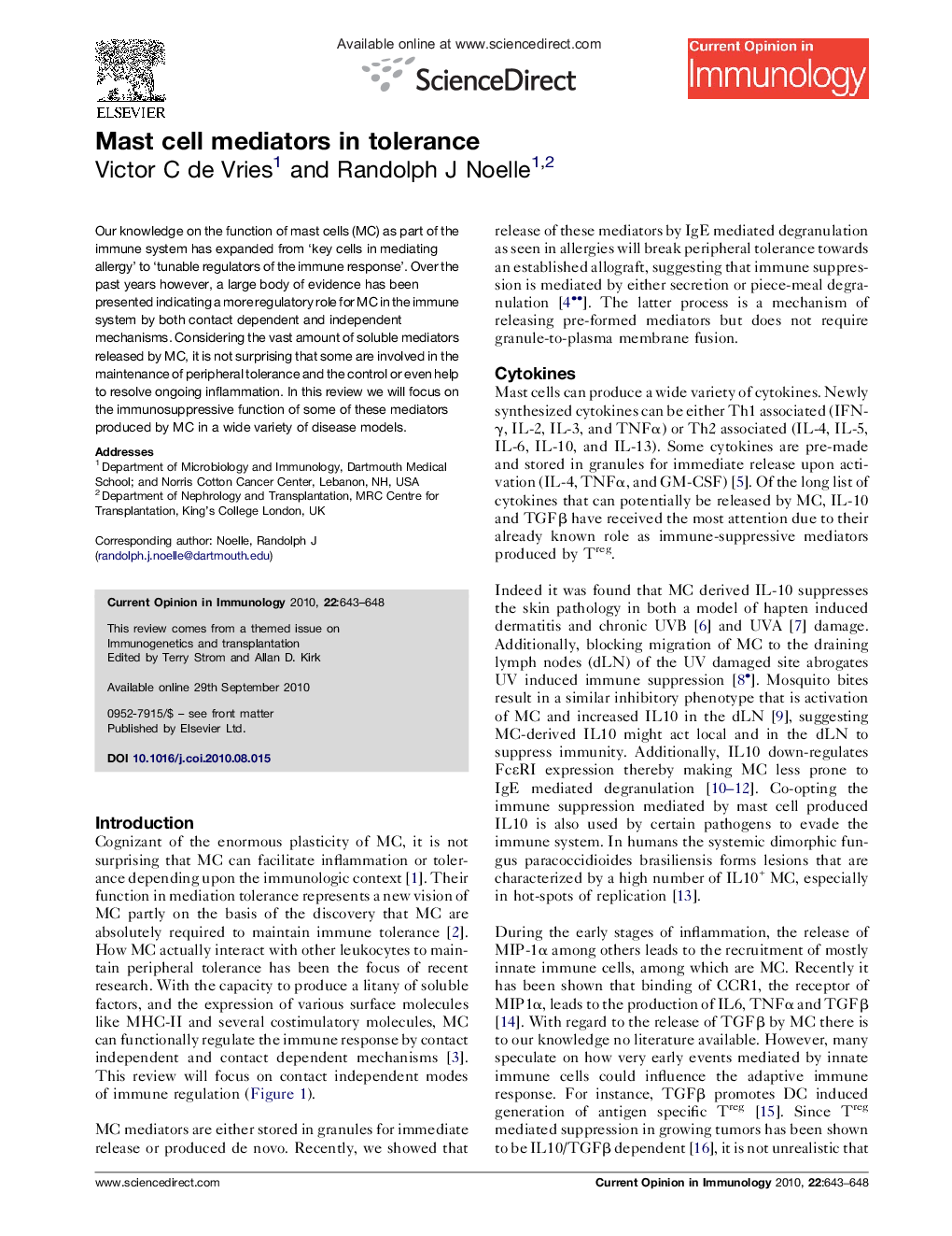 Mast cell mediators in tolerance