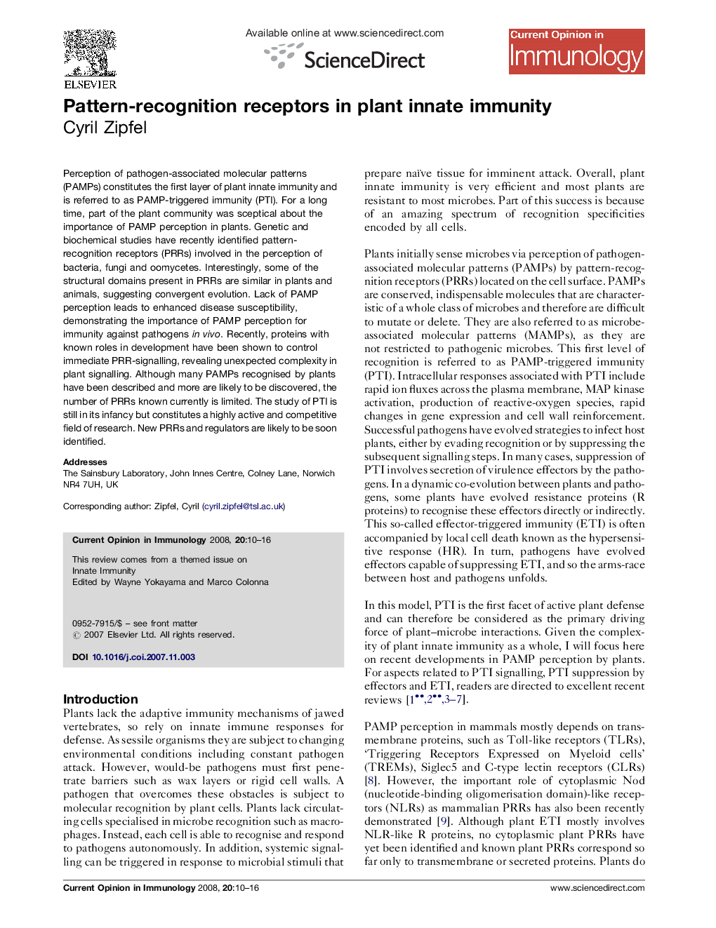 Pattern-recognition receptors in plant innate immunity