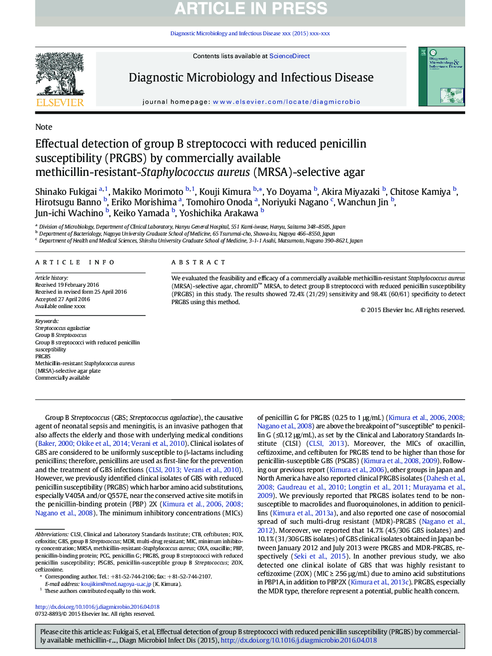 Effectual detection of group B streptococci with reduced penicillin susceptibility (PRGBS) by commercially available methicillin-resistant-Staphylococcus aureus (MRSA)-selective agar