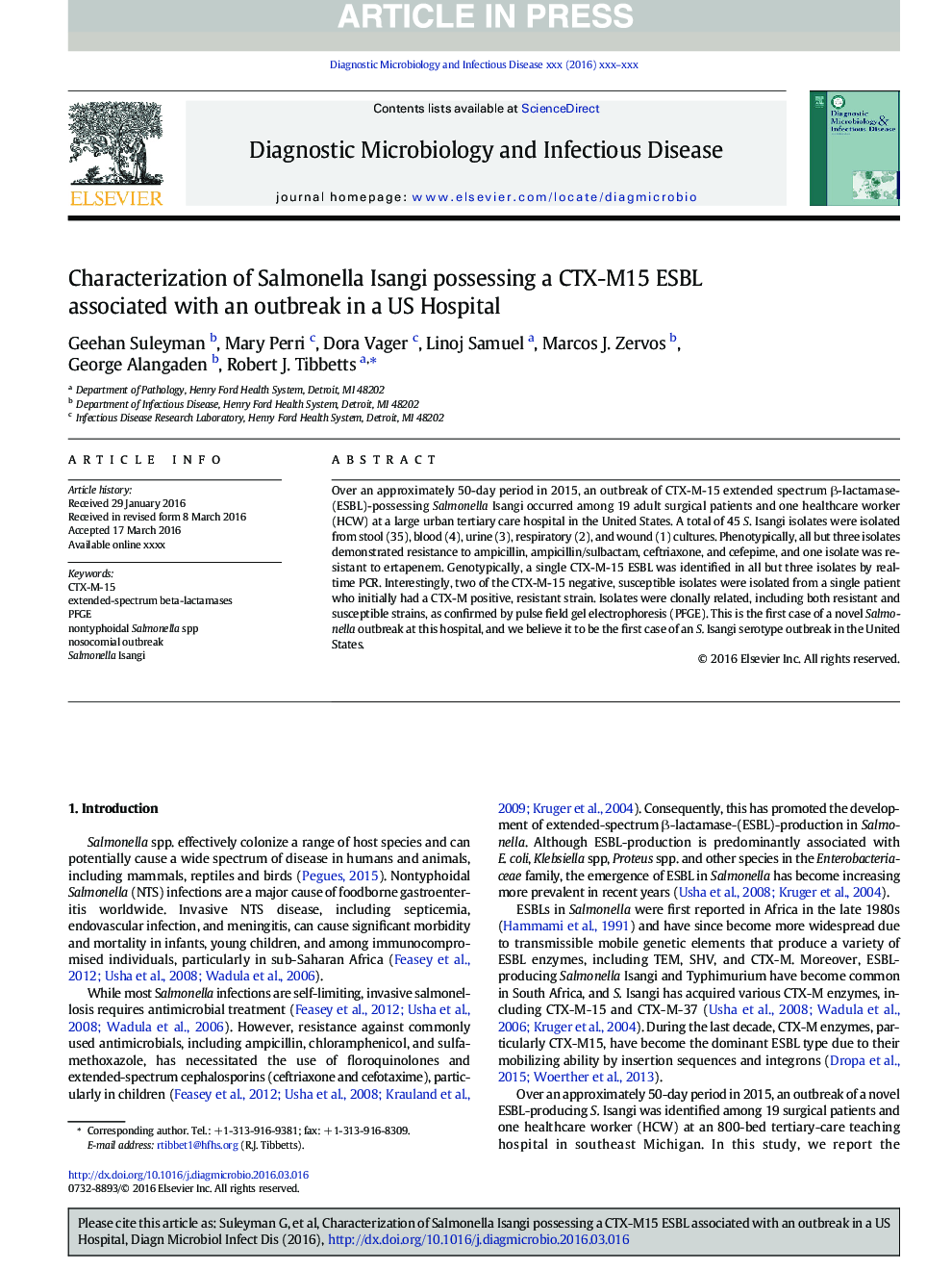 Characterization of Salmonella Isangi possessing a CTX-M15 ESBL associated with an outbreak in a US Hospital