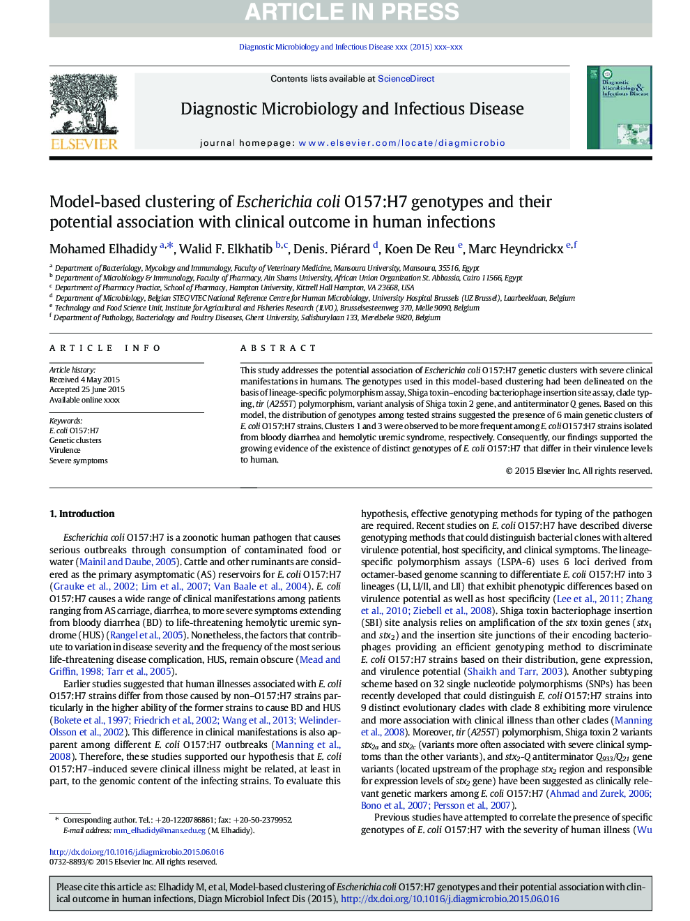 Model-based clustering of Escherichia coli O157:H7 genotypes and their potential association with clinical outcome in human infections