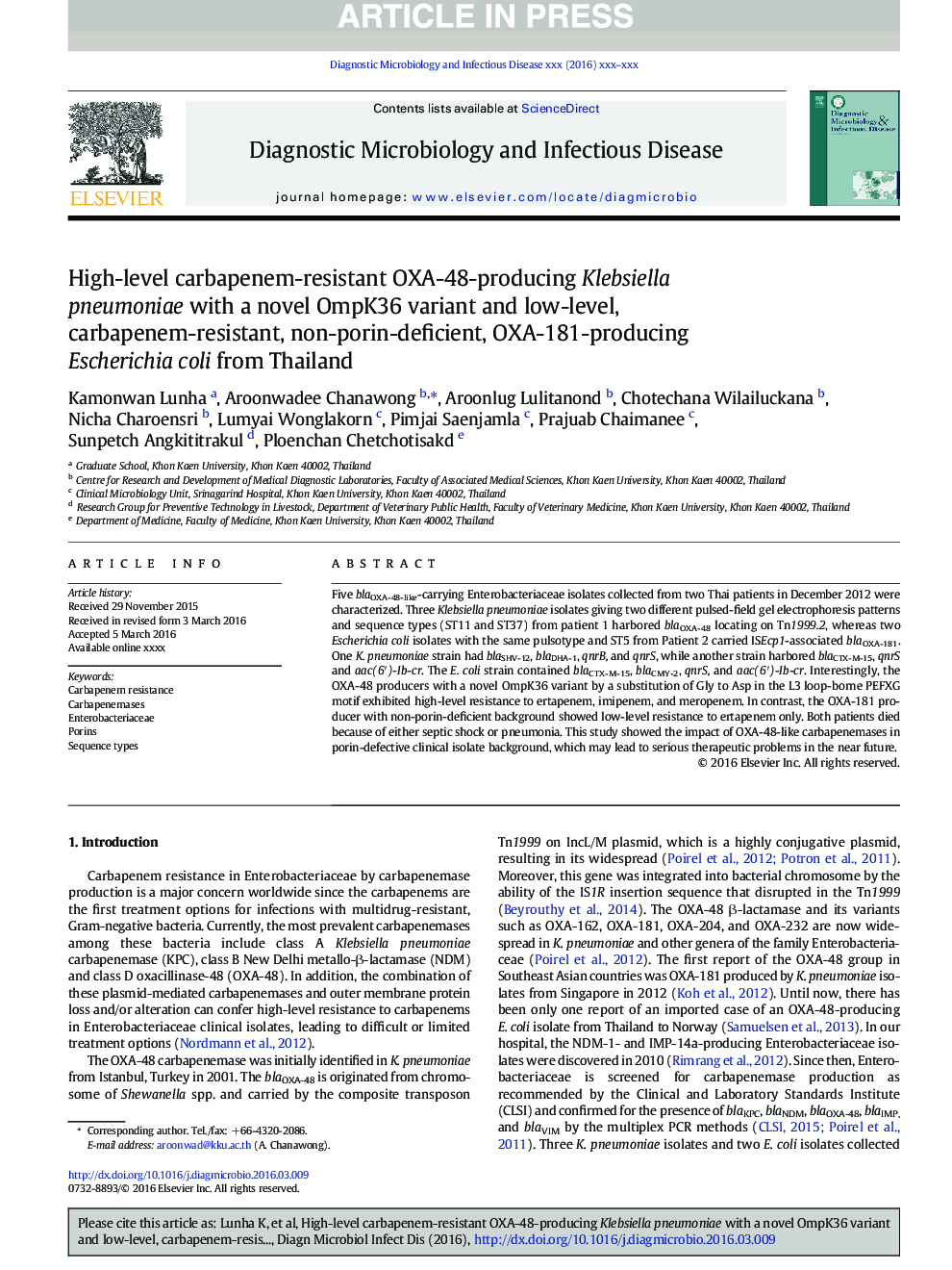 High-level carbapenem-resistant OXA-48-producing Klebsiella pneumoniae with a novel OmpK36 variant and low-level, carbapenem-resistant, non-porin-deficient, OXA-181-producing Escherichia coli from Thailand