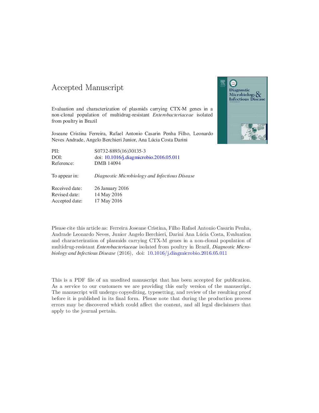 Evaluation and characterization of plasmids carrying CTX-M genes in a non-clonal population of multidrug-resistant Enterobacteriaceae isolated from poultry in Brazil