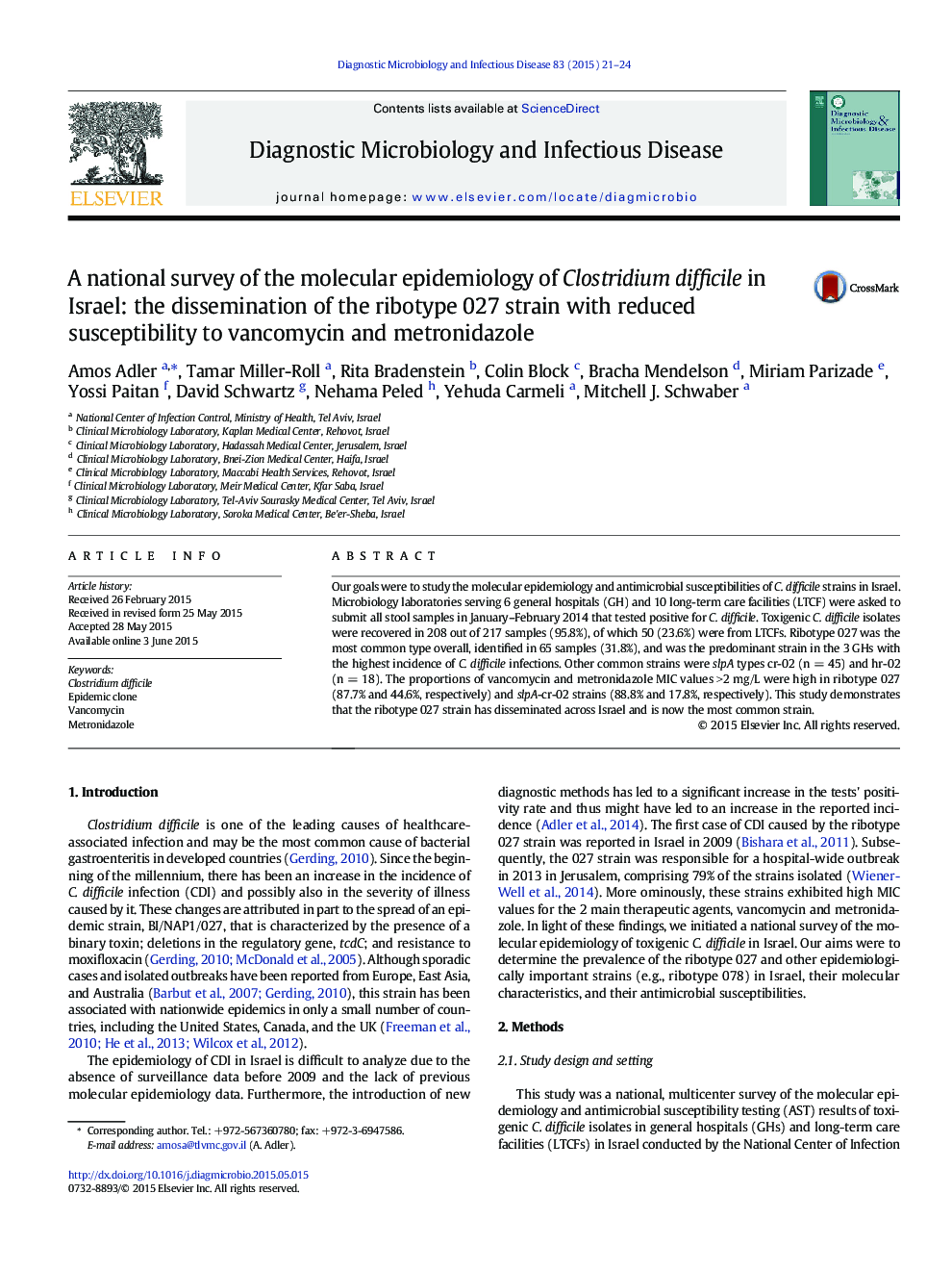 A national survey of the molecular epidemiology of Clostridium difficile in Israel: the dissemination of the ribotype 027 strain with reduced susceptibility to vancomycin and metronidazole