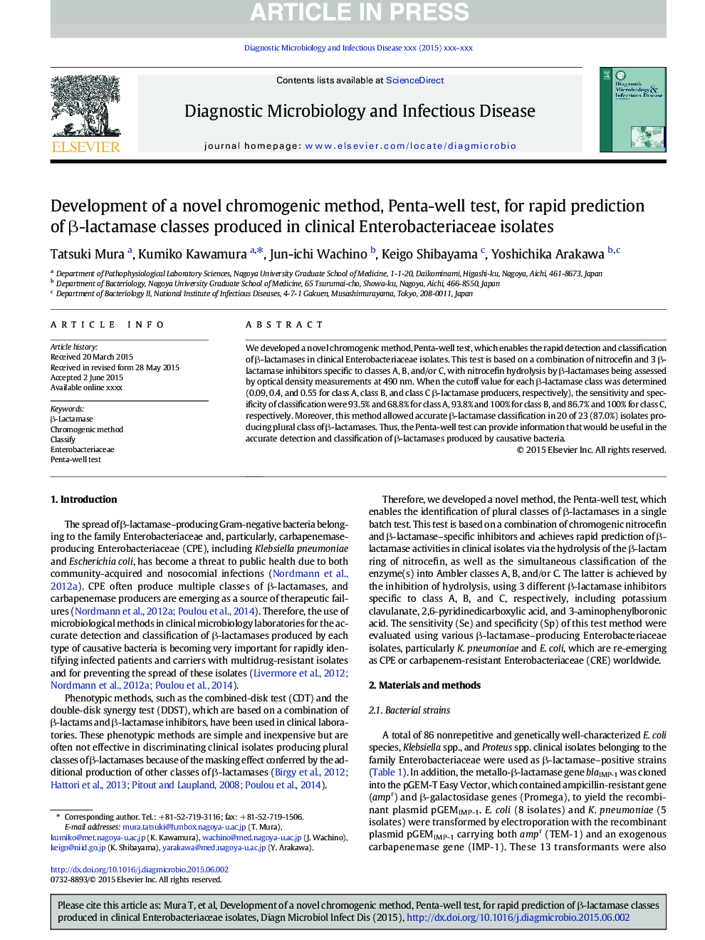 Development of a novel chromogenic method, Penta-well test, for rapid prediction of Î²-lactamase classes produced in clinical Enterobacteriaceae isolates