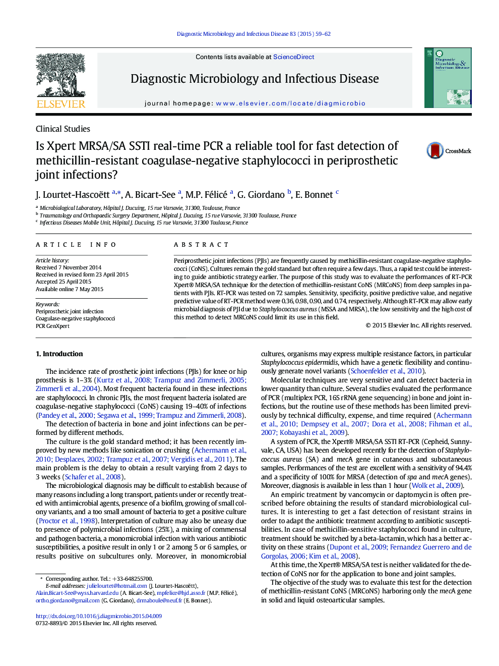 Is Xpert MRSA/SA SSTI real-time PCR a reliable tool for fast detection of methicillin-resistant coagulase-negative staphylococci in periprosthetic joint infections?