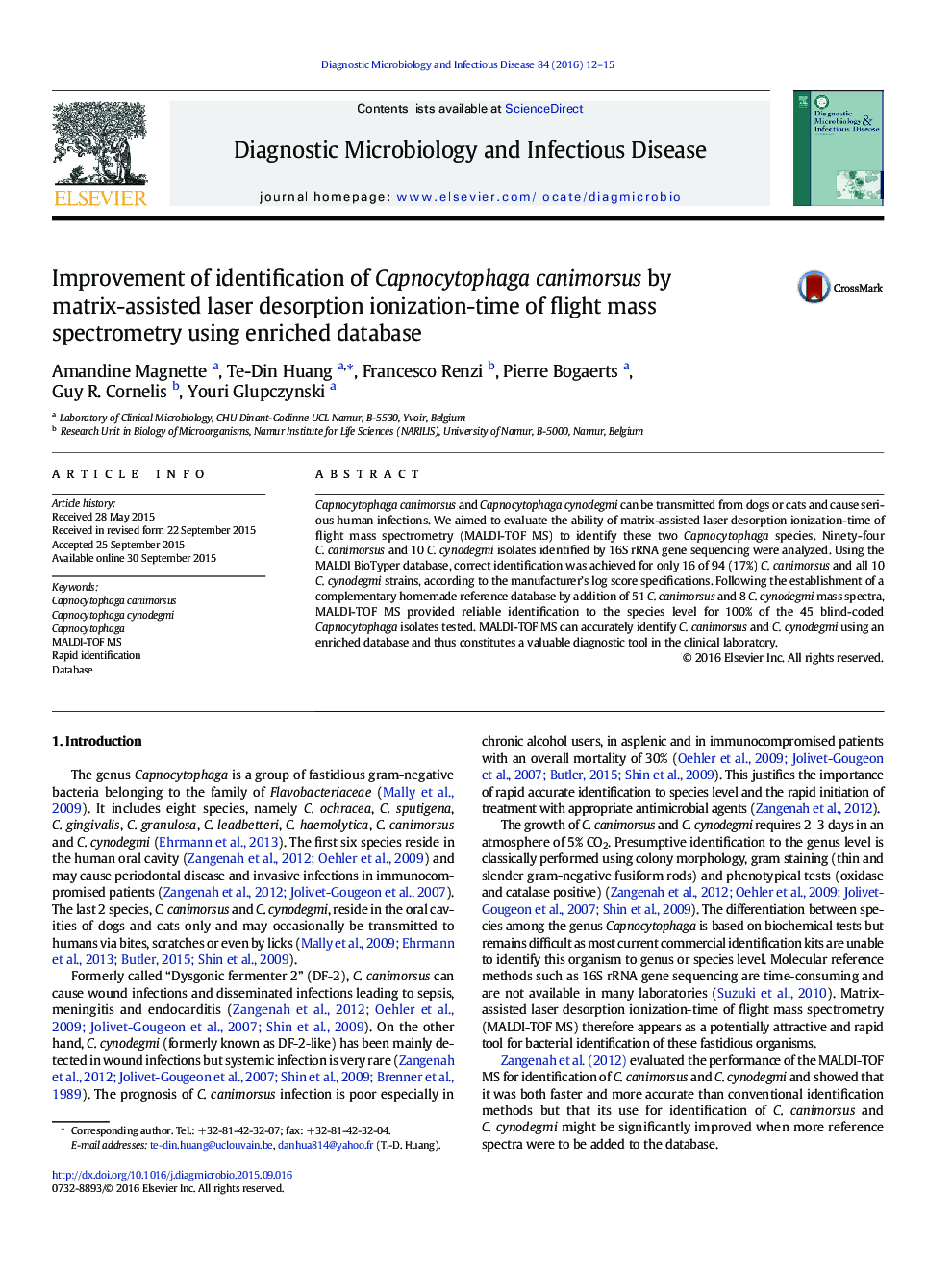 Improvement of identification of Capnocytophaga canimorsus by matrix-assisted laser desorption ionization-time of flight mass spectrometry using enriched database