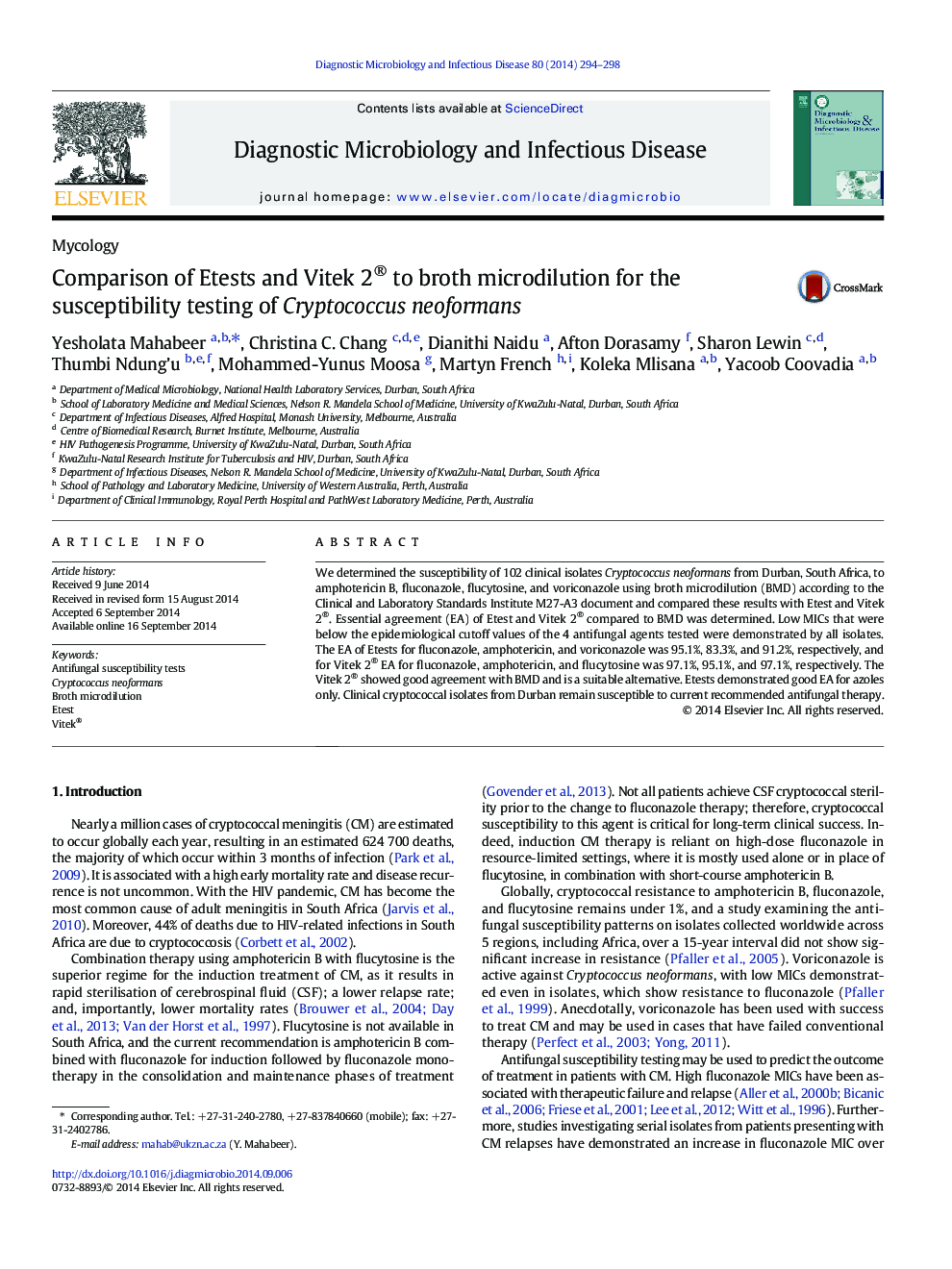 Comparison of Etests and Vitek 2® to broth microdilution for the susceptibility testing of Cryptococcus neoformans