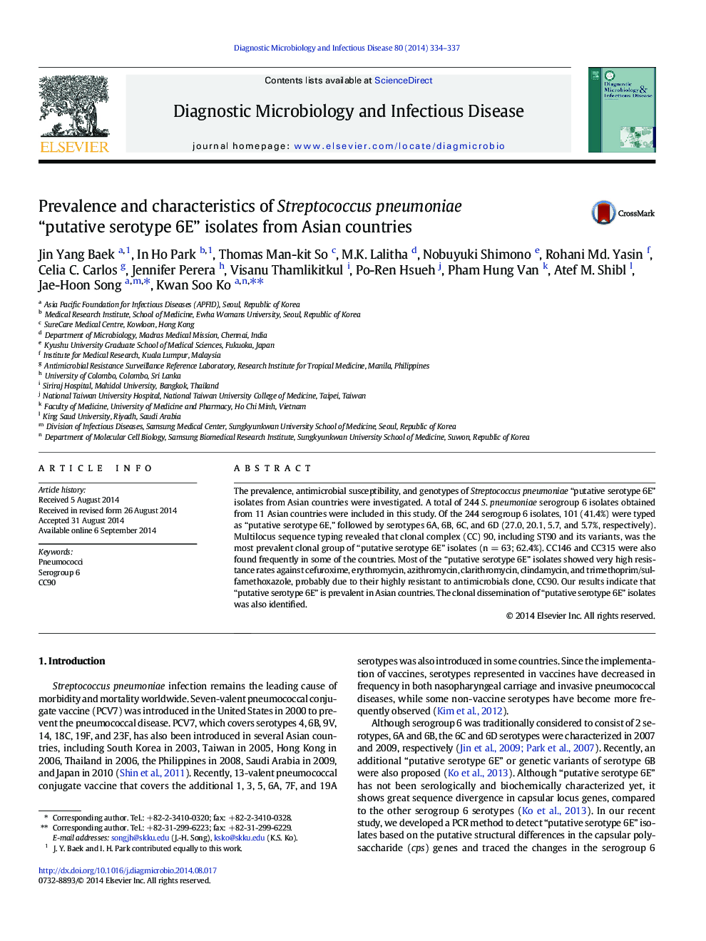 Prevalence and characteristics of Streptococcus pneumoniae “putative serotype 6E” isolates from Asian countries