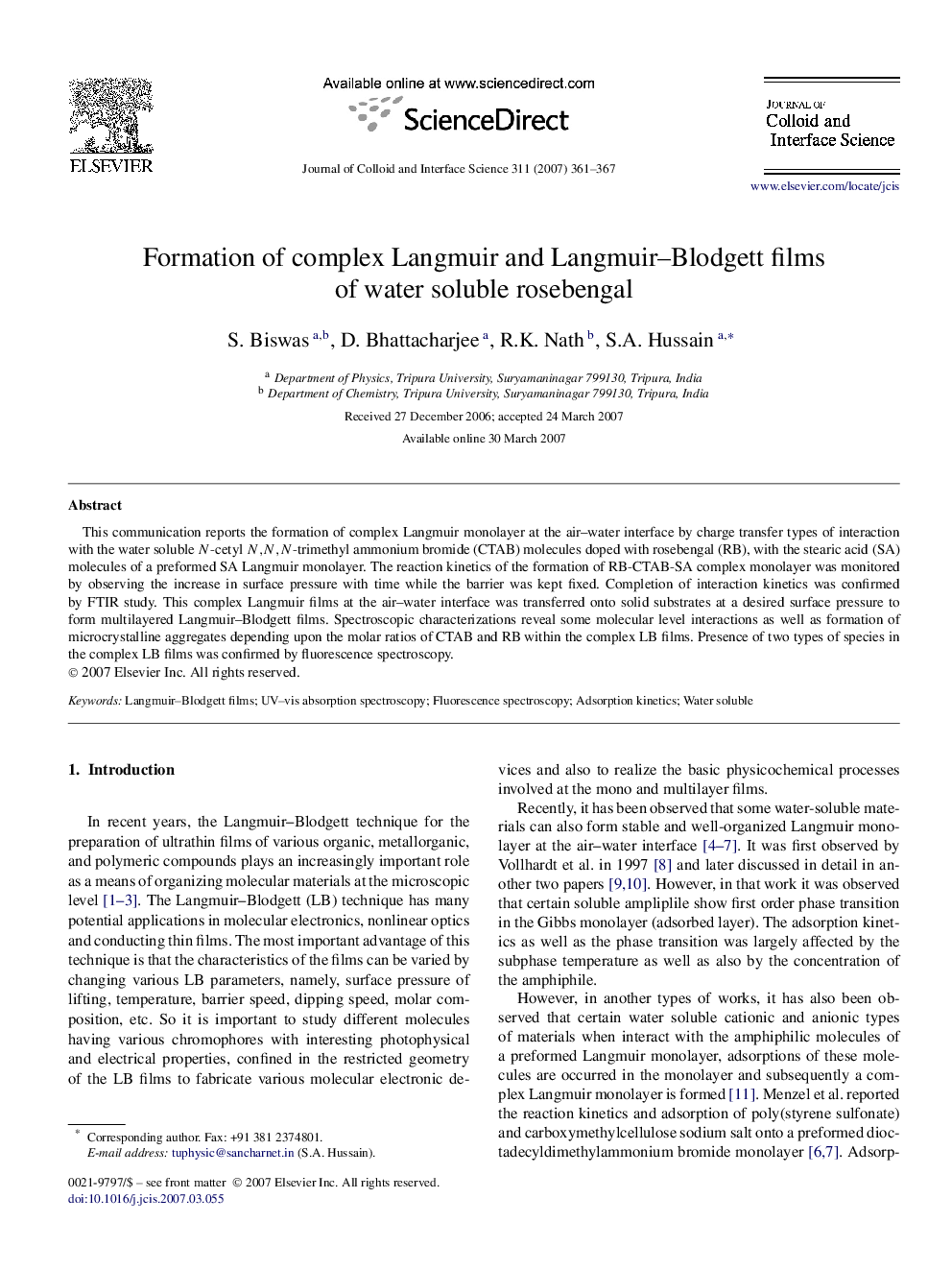 Formation of complex Langmuir and Langmuir–Blodgett films of water soluble rosebengal