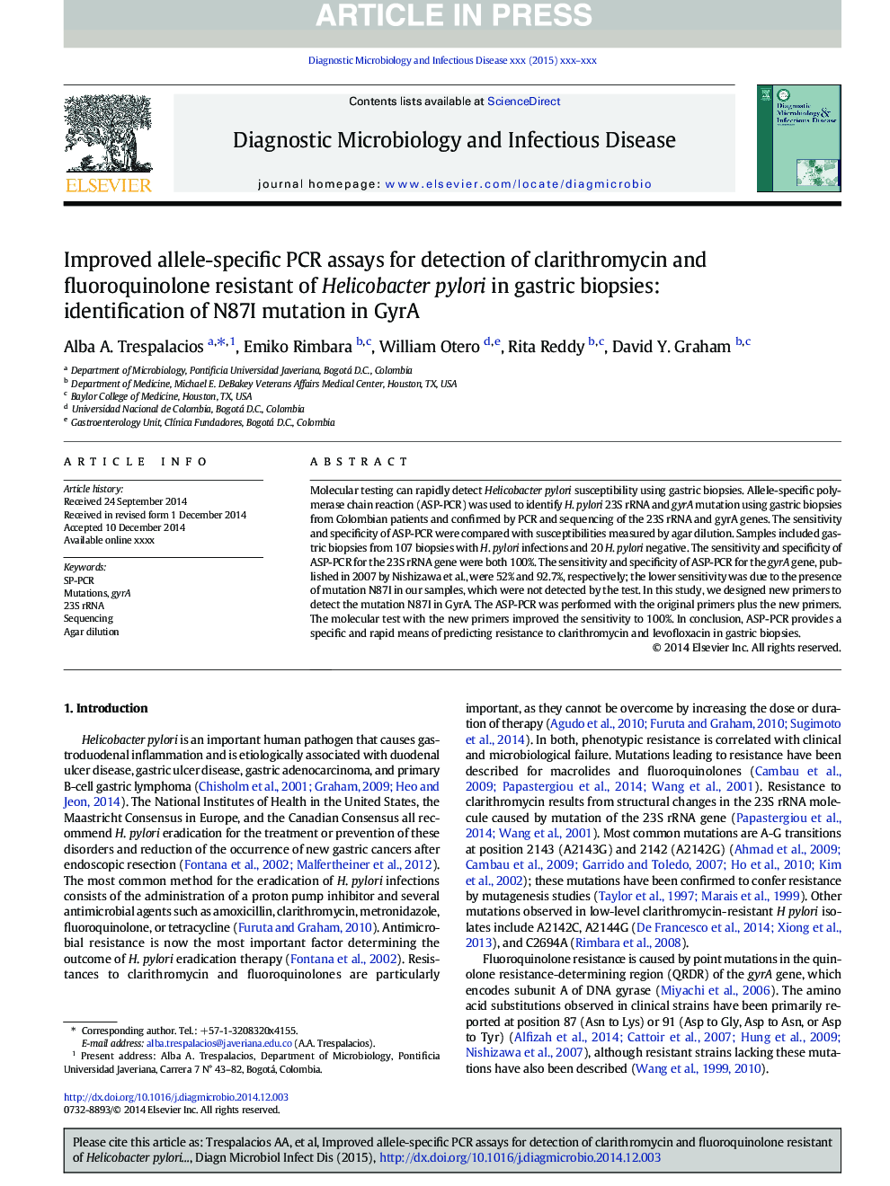 Improved allele-specific PCR assays for detection of clarithromycin and fluoroquinolone resistant of Helicobacter pylori in gastric biopsies: identification of N87I mutation in GyrA