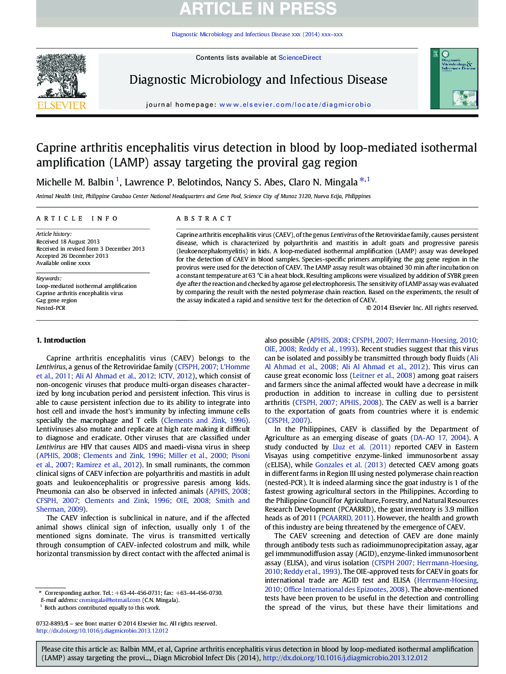 Caprine arthritis encephalitis virus detection in blood by loop-mediated isothermal amplification (LAMP) assay targeting the proviral gag region