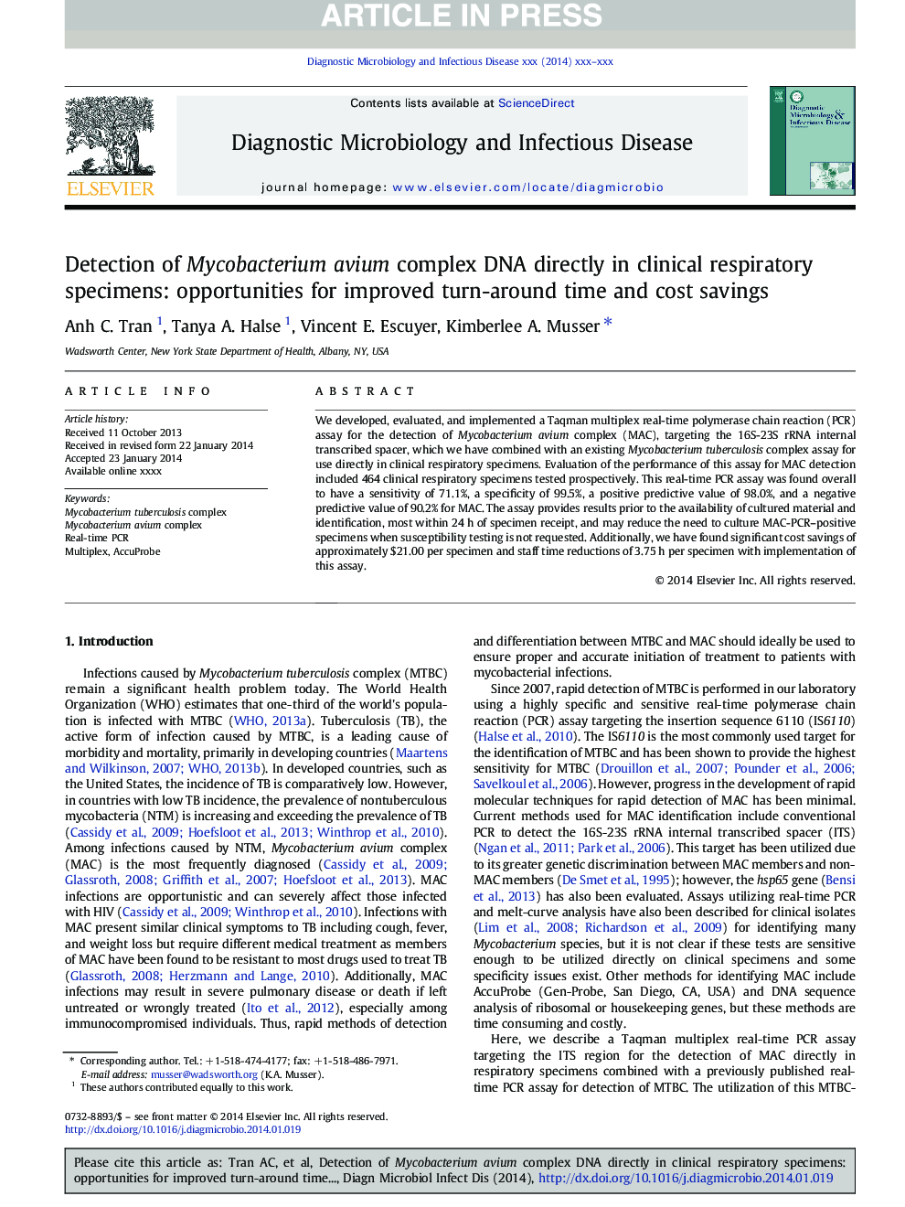 Detection of Mycobacterium avium complex DNA directly in clinical respiratory specimens: opportunities for improved turn-around time and cost savings