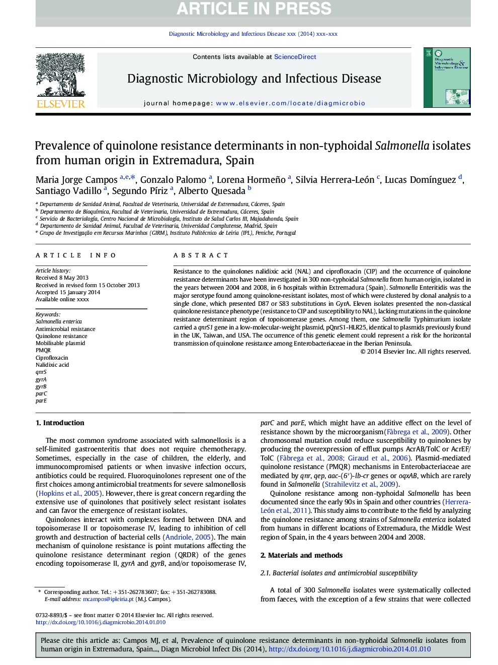 شیوع عوامل تعیین کننده مقاومت کوینولون در جدایه های سالمونلا غیرتفیایی از منبع انسانی در اتردامورا، اسپانیا 