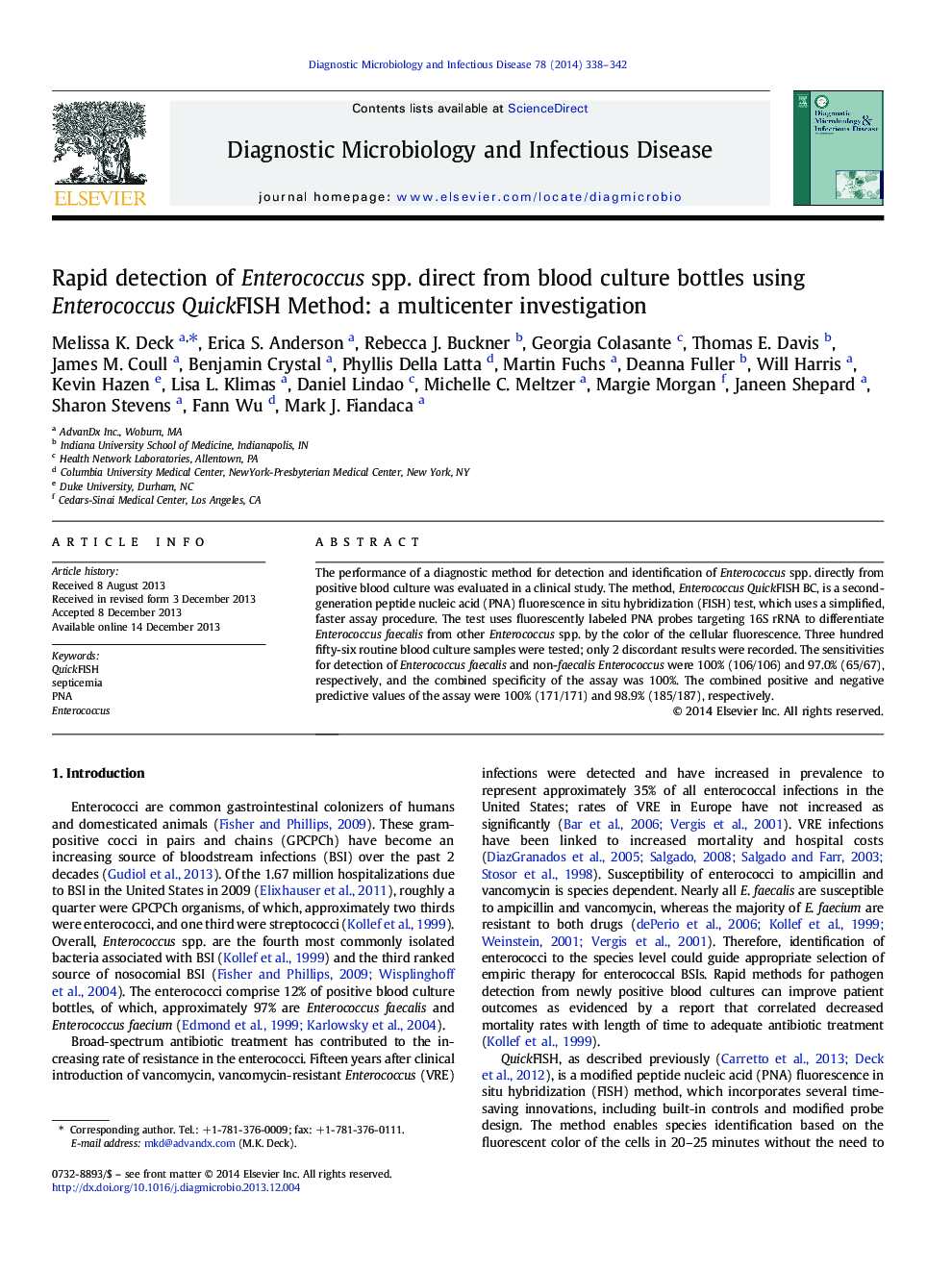 Rapid detection of Enterococcus spp. direct from blood culture bottles using Enterococcus QuickFISH Method: a multicenter investigation