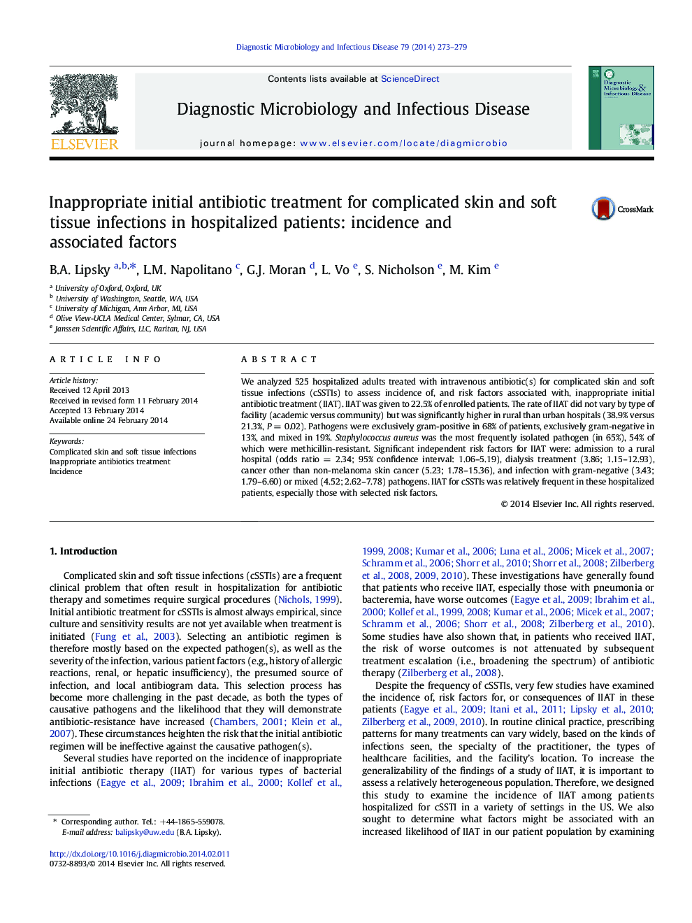 Inappropriate initial antibiotic treatment for complicated skin and soft tissue infections in hospitalized patients: incidence and associated factors