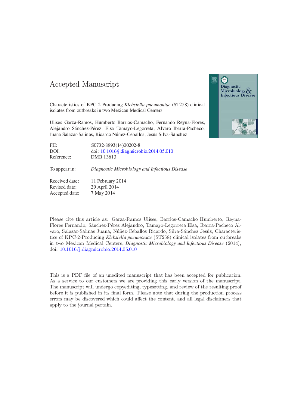 Characteristics of KPC-2-producing Klebsiella pneumoniae (ST258) clinical isolates from outbreaks in 2 Mexican medical centers