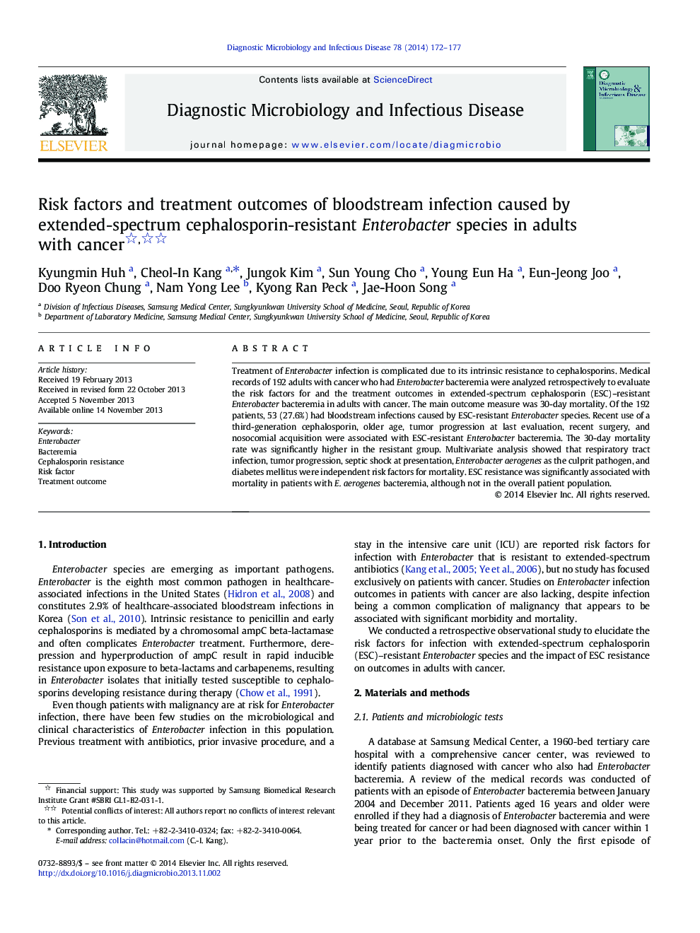 Risk factors and treatment outcomes of bloodstream infection caused by extended-spectrum cephalosporin-resistant Enterobacter species in adults with cancer