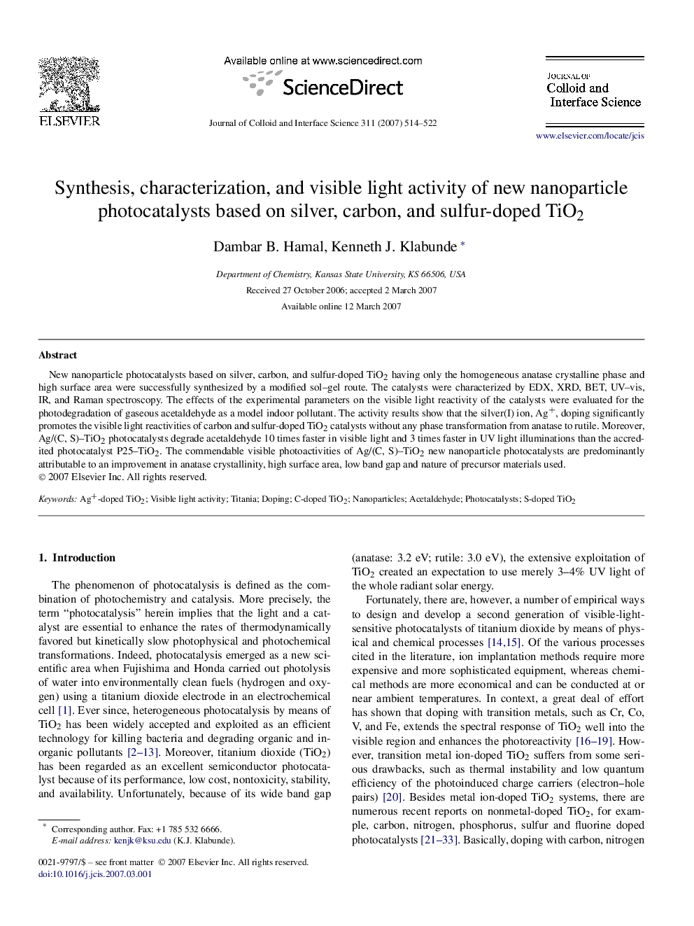 عکس صفحه اول مقاله: Synthesis, characterization, and visible light activity of new nanoparticle photocatalysts based on silver, carbon, and sulfur-doped TiO2 Synthesis, characterization, and visible light activity of new nanoparticle photocatalysts based on silver, carbon, and sulfur-doped TiO2