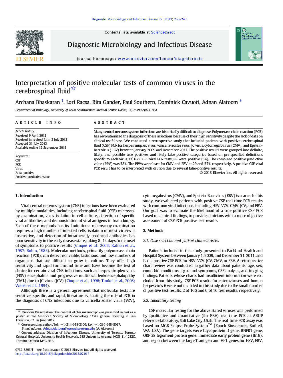 Interpretation of positive molecular tests of common viruses in the cerebrospinal fluid