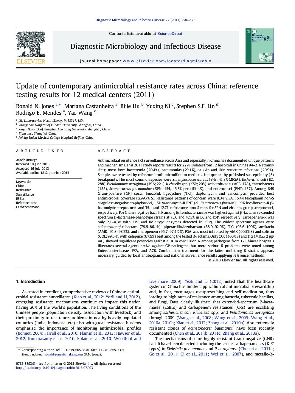 Update of contemporary antimicrobial resistance rates across China: reference testing results for 12 medical centers (2011)