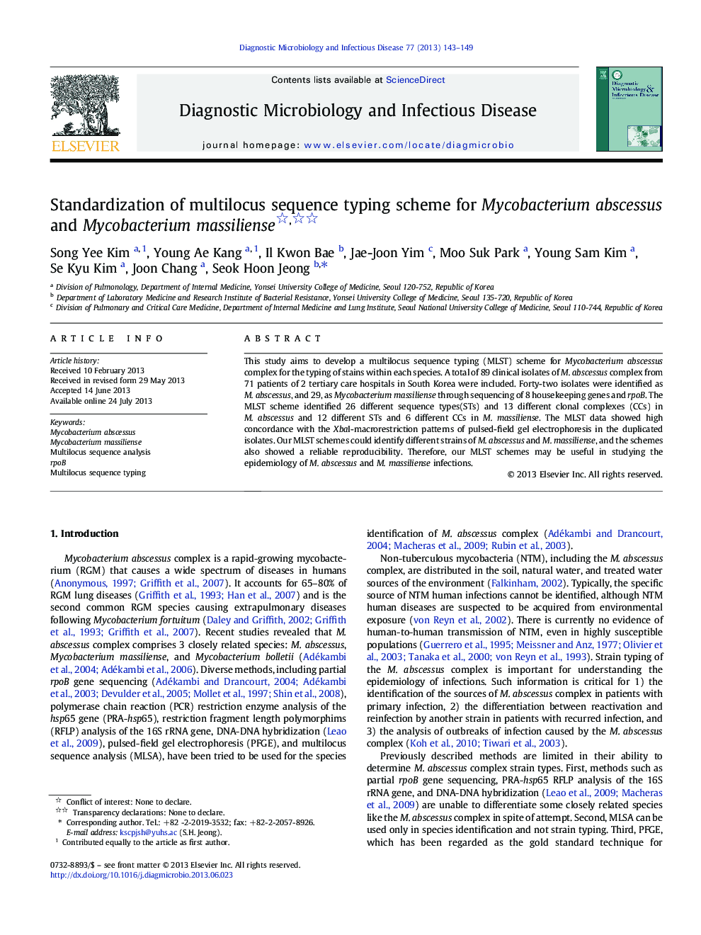 Standardization of multilocus sequence typing scheme for Mycobacterium abscessus and Mycobacterium massiliense