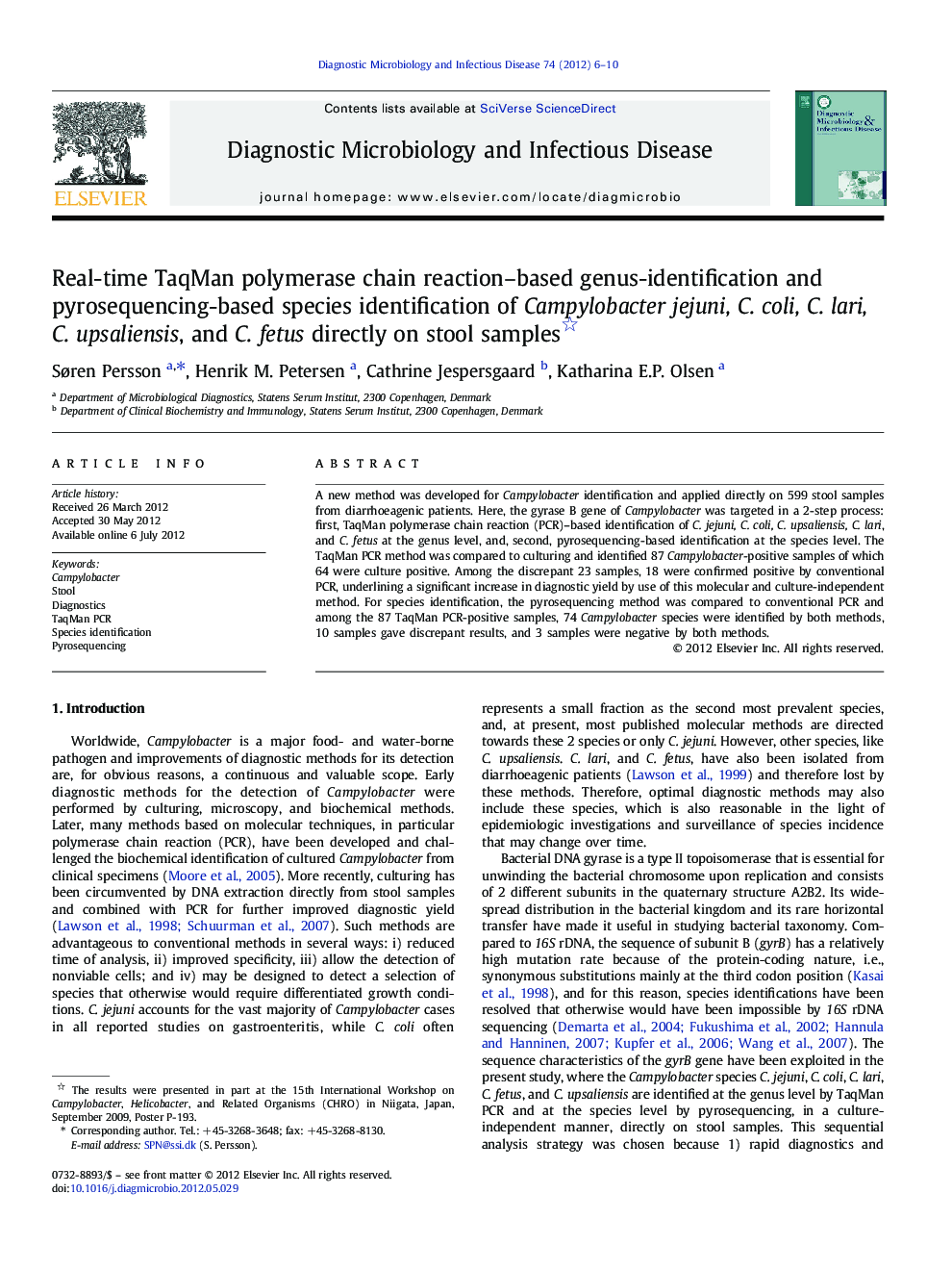 Real-time TaqMan polymerase chain reaction-based genus-identification and pyrosequencing-based species identification of Campylobacter jejuni, C. coli, C. lari, C. upsaliensis, and C. fetus directly on stool samples