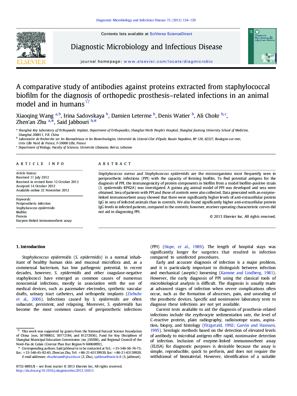 A comparative study of antibodies against proteins extracted from staphylococcal biofilm for the diagnosis of orthopedic prosthesis-related infections in an animal model and in humans