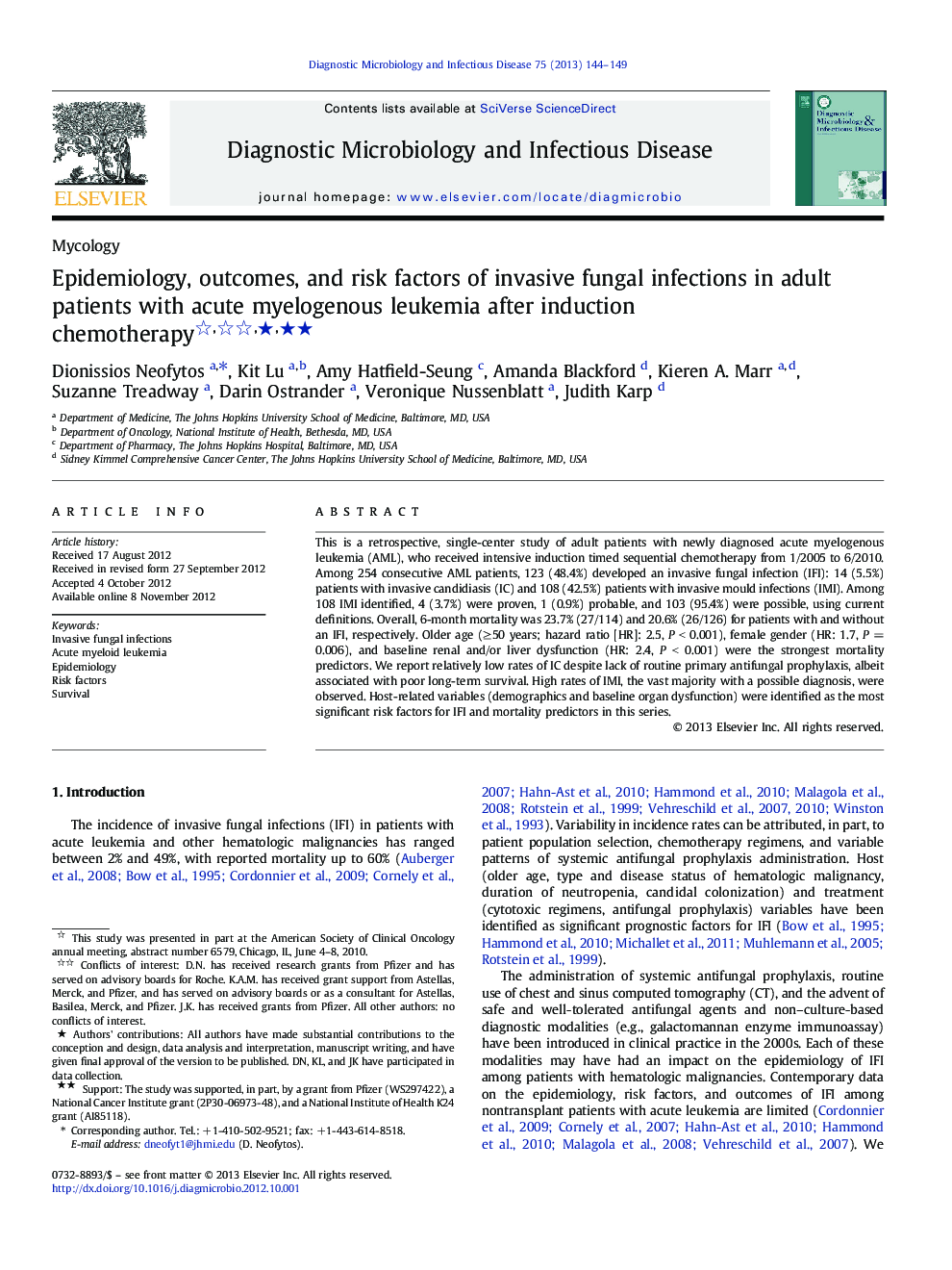 Epidemiology, outcomes, and risk factors of invasive fungal infections in adult patients with acute myelogenous leukemia after induction chemotherapy