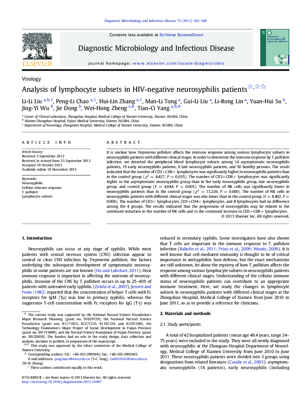 Analysis of lymphocyte subsets in HIV-negative neurosyphilis patients