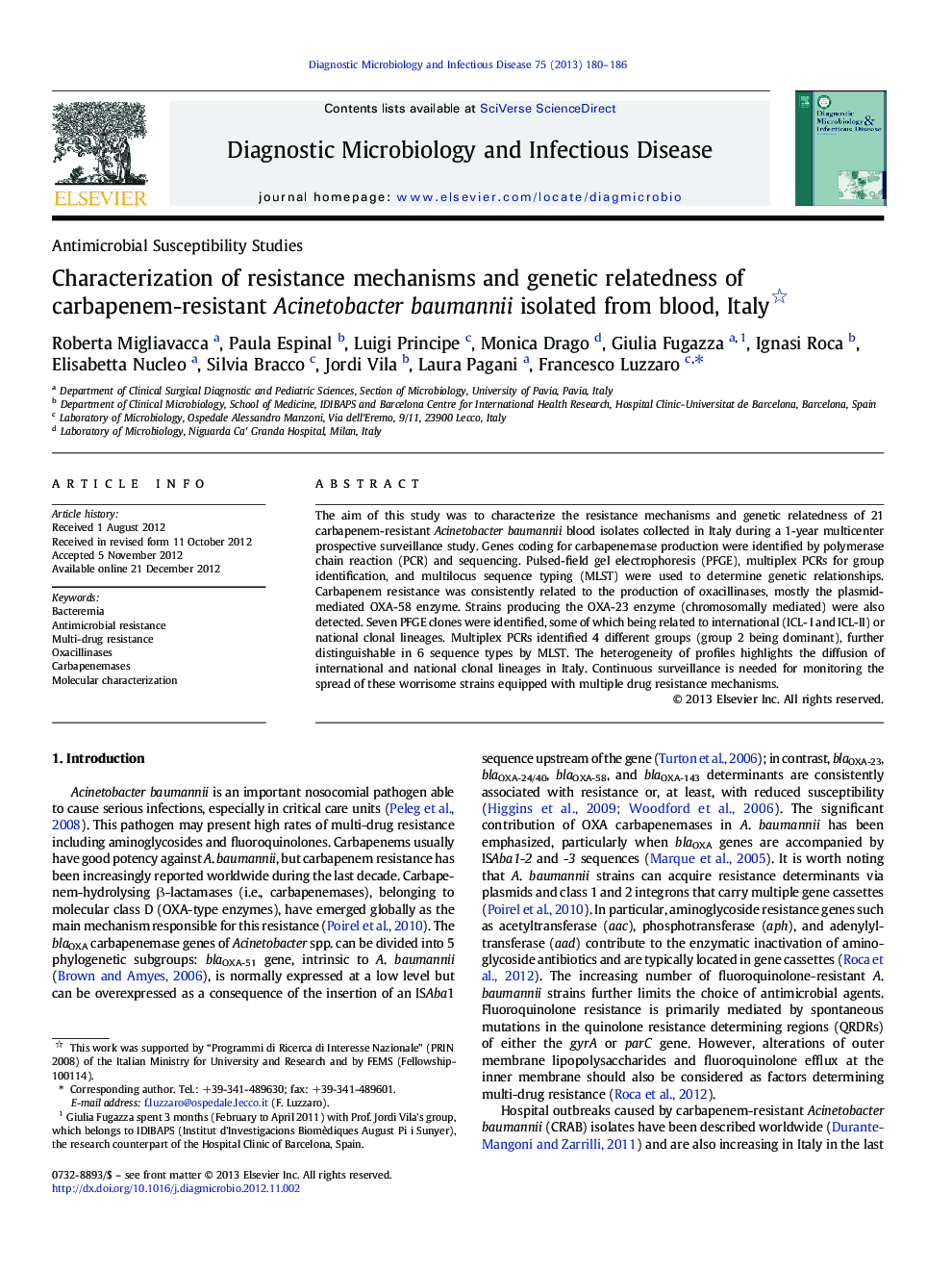 Characterization of resistance mechanisms and genetic relatedness of carbapenem-resistant Acinetobacter baumannii isolated from blood, Italy