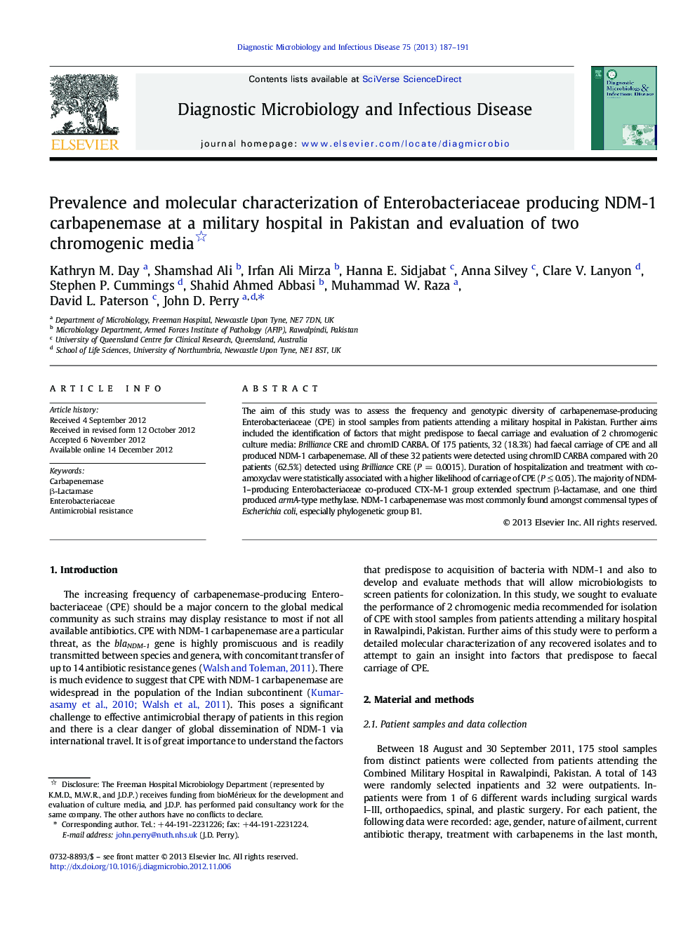 Prevalence and molecular characterization of Enterobacteriaceae producing NDM-1 carbapenemase at a military hospital in Pakistan and evaluation of two chromogenic media