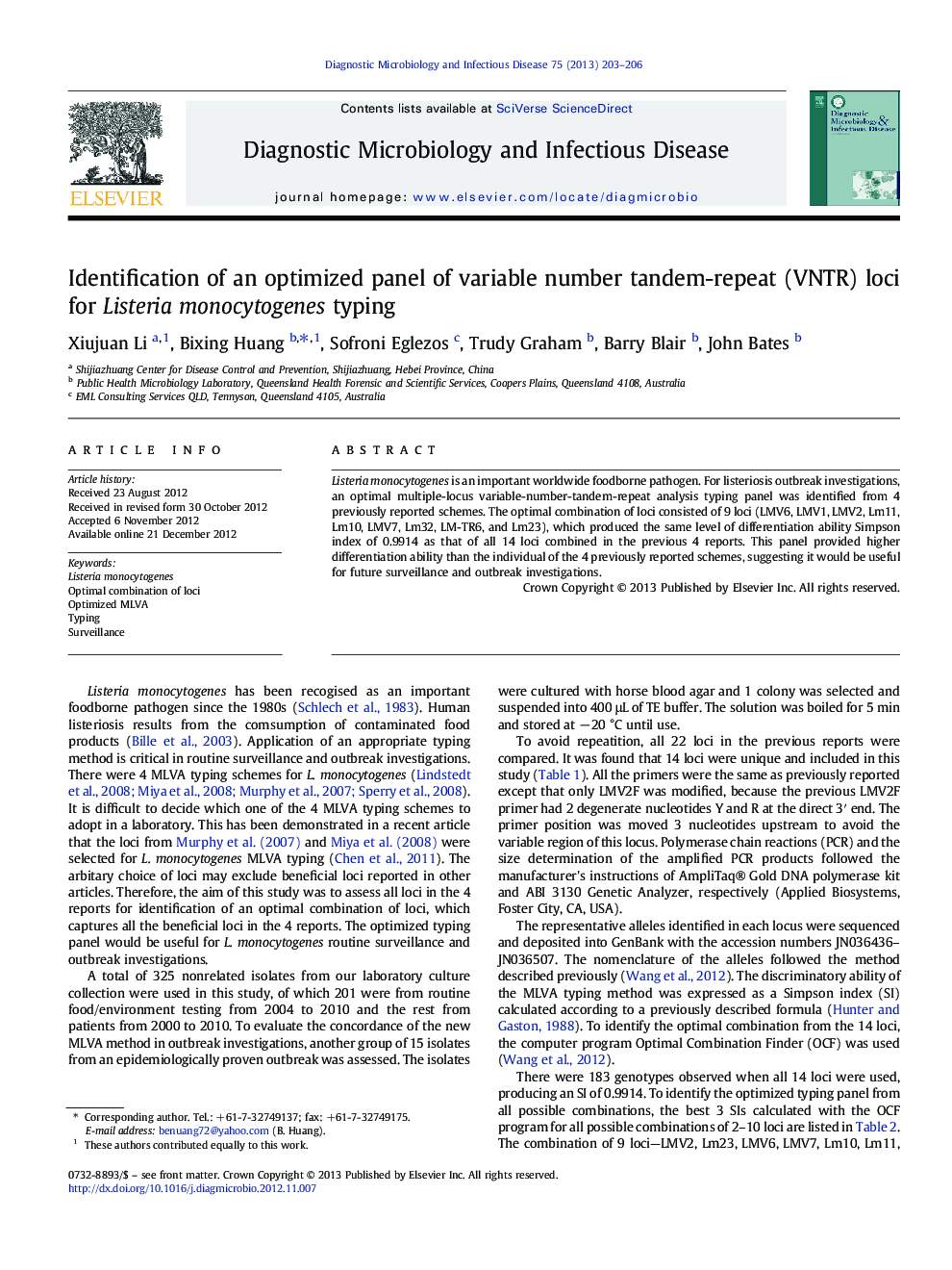 Identification of an optimized panel of variable number tandem-repeat (VNTR) loci for Listeria monocytogenes typing