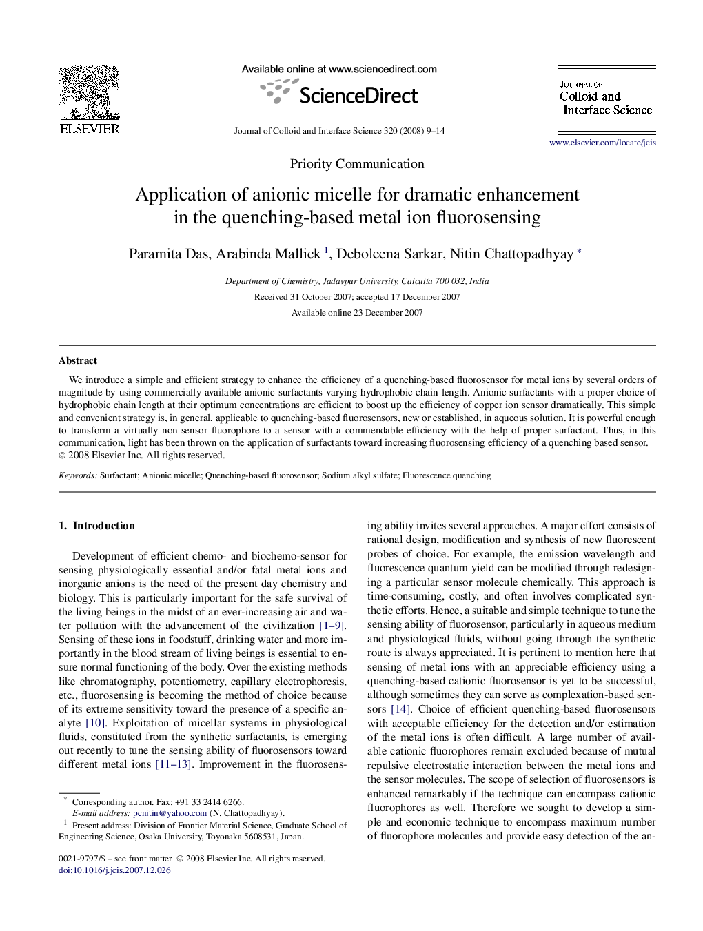 Application of anionic micelle for dramatic enhancement in the quenching-based metal ion fluorosensing