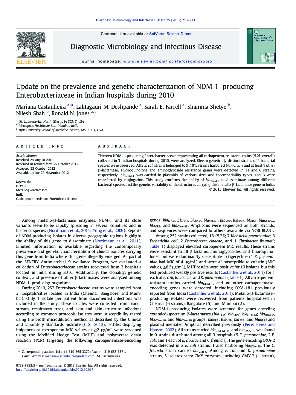 Update on the prevalence and genetic characterization of NDM-1-producing Enterobacteriaceae in Indian hospitals during 2010