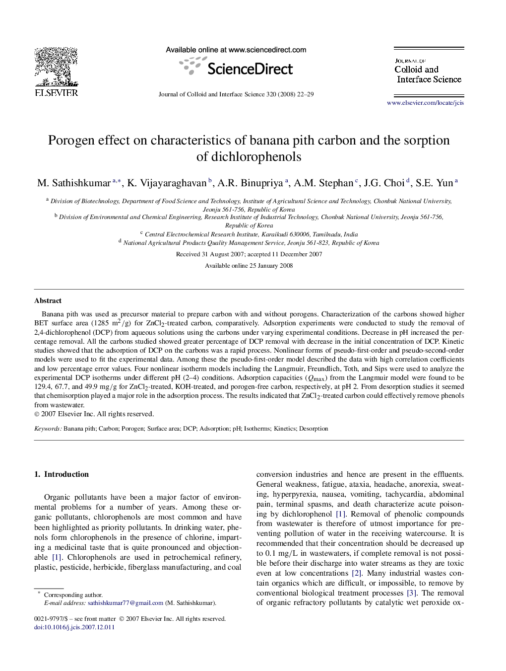 Porogen effect on characteristics of banana pith carbon and the sorption of dichlorophenols