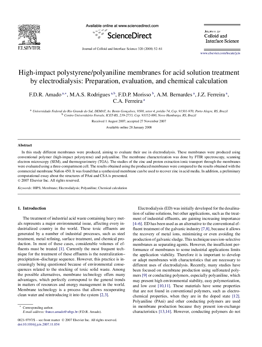 High-impact polystyrene/polyaniline membranes for acid solution treatment by electrodialysis: Preparation, evaluation, and chemical calculation