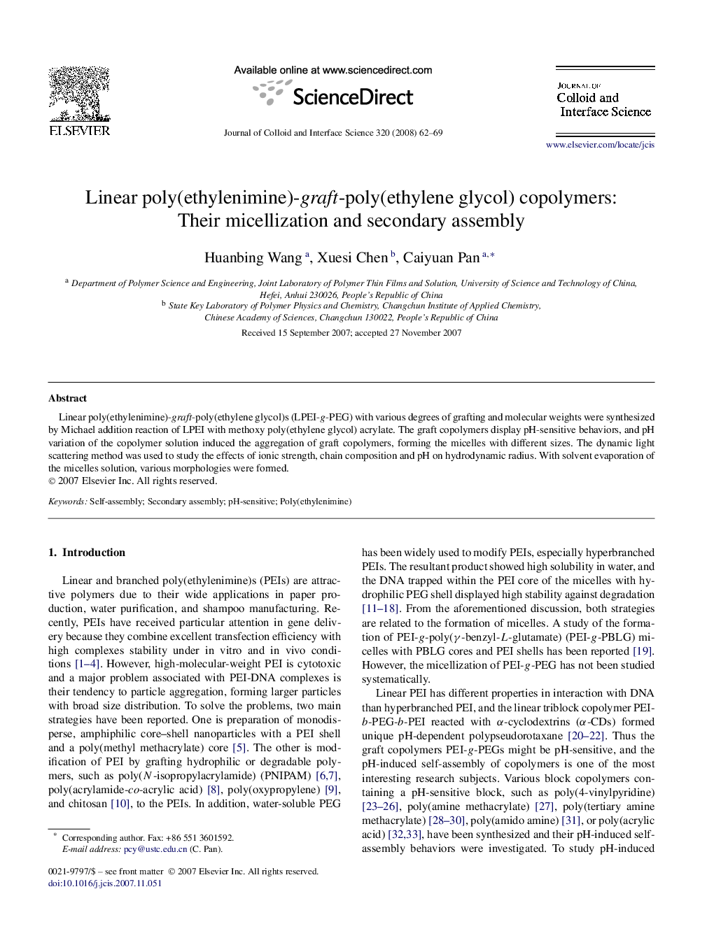 Linear poly(ethylenimine)-graft-poly(ethylene glycol) copolymers: Their micellization and secondary assembly