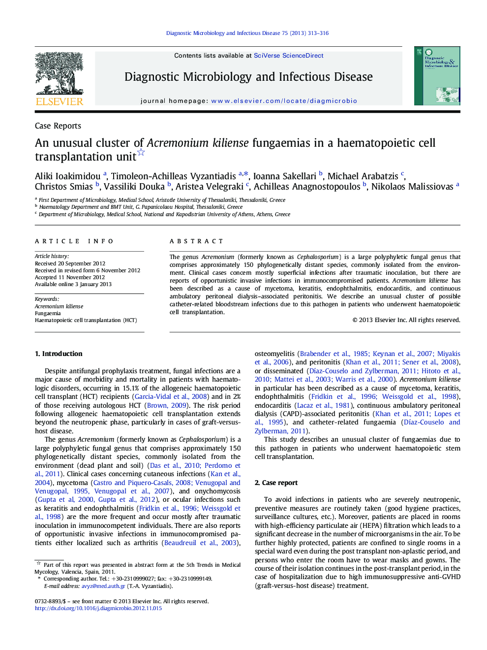 An unusual cluster of Acremonium kiliense fungaemias in a haematopoietic cell transplantation unit