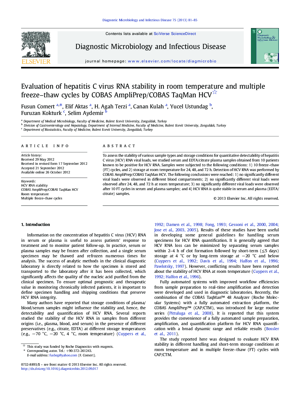 Evaluation of hepatitis C virus RNA stability in room temperature and multiple freeze-thaw cycles by COBAS AmpliPrep/COBAS TaqMan HCV