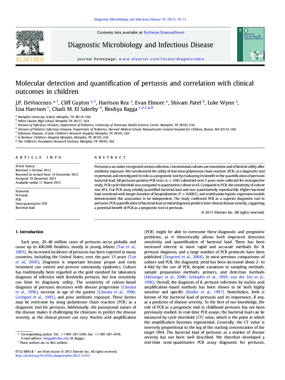 Molecular detection and quantification of pertussis and correlation with clinical outcomes in children