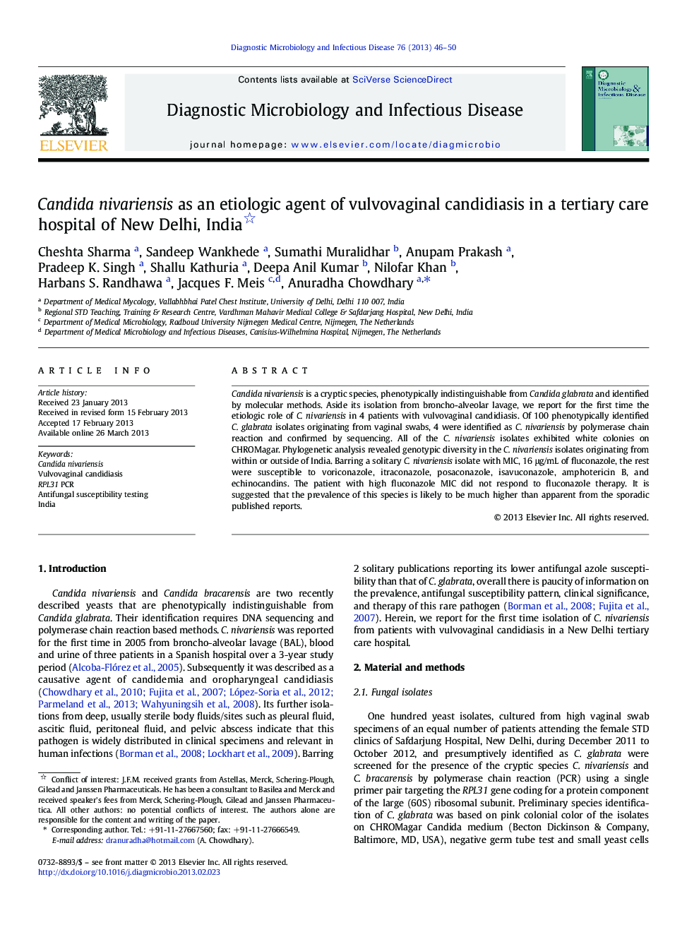 Candida nivariensis as an etiologic agent of vulvovaginal candidiasis in a tertiary care hospital of New Delhi, India