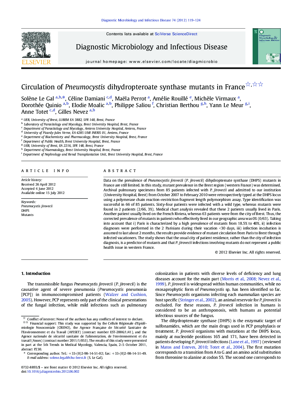 Circulation of Pneumocystis dihydropteroate synthase mutants in France