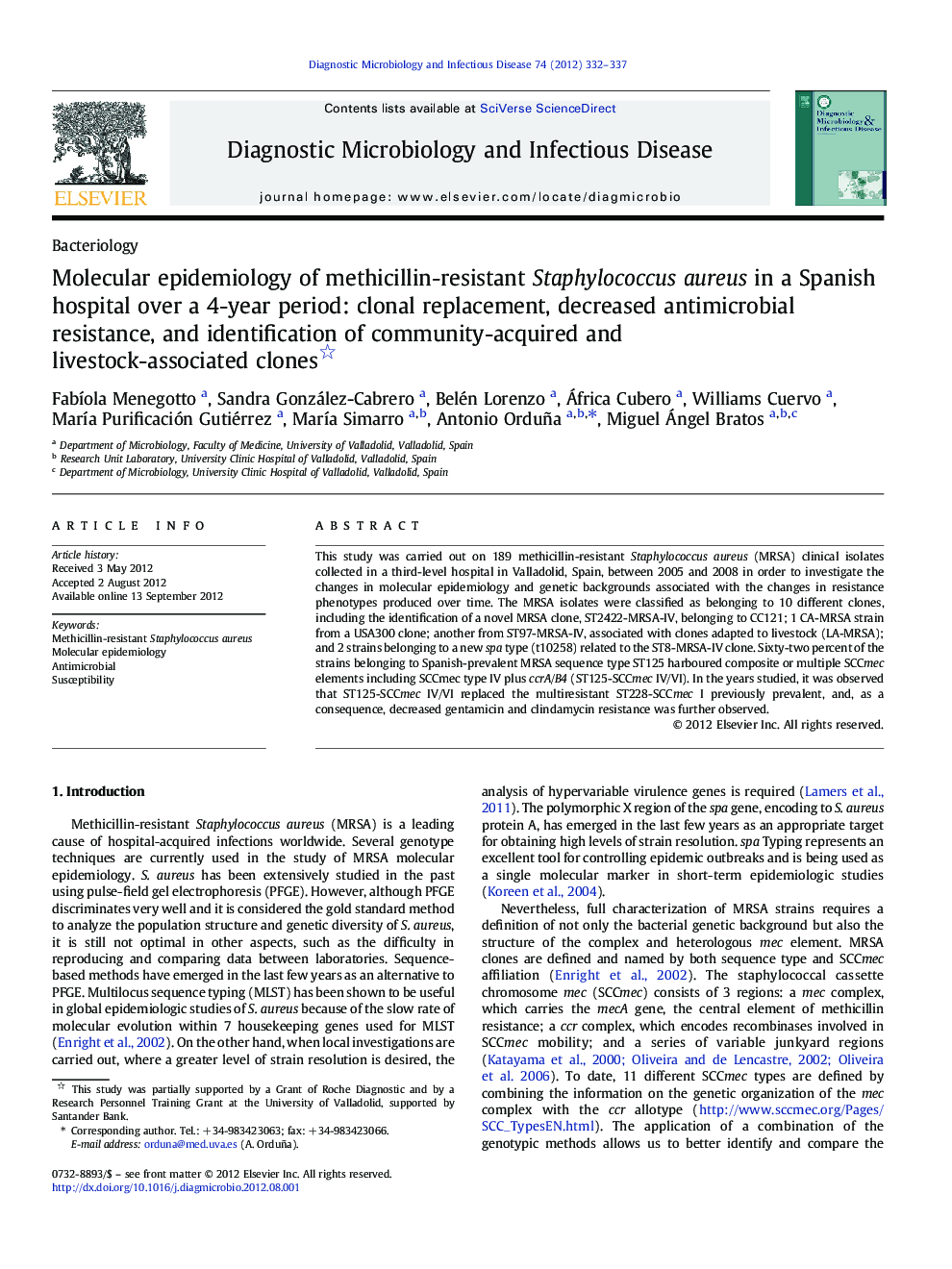 Molecular epidemiology of methicillin-resistant Staphylococcus aureus in a Spanish hospital over a 4-year period: clonal replacement, decreased antimicrobial resistance, and identification of community-acquired and livestock-associated clones