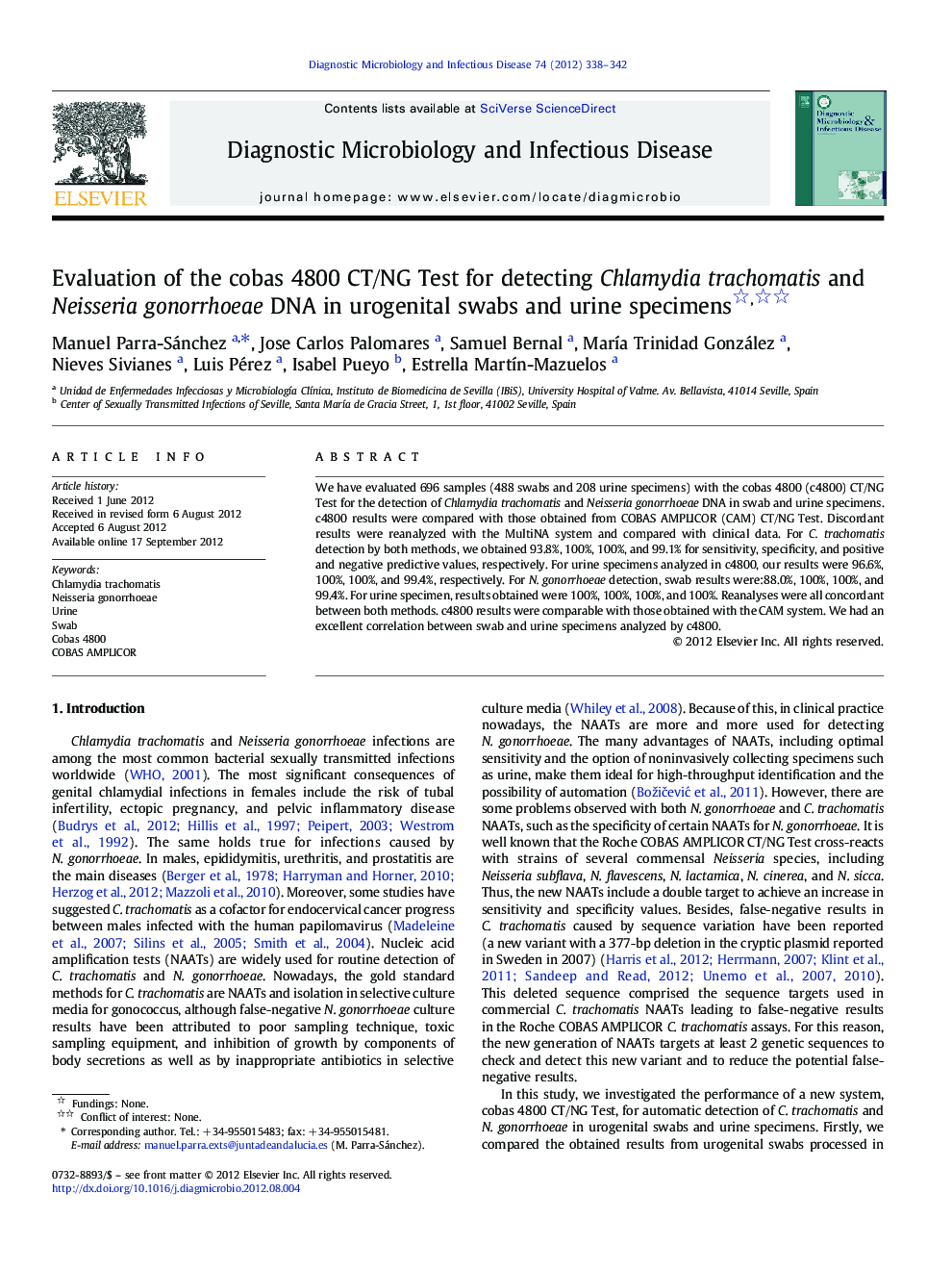 Evaluation of the cobas 4800 CT/NG Test for detecting Chlamydia trachomatis and Neisseria gonorrhoeae DNA in urogenital swabs and urine specimens