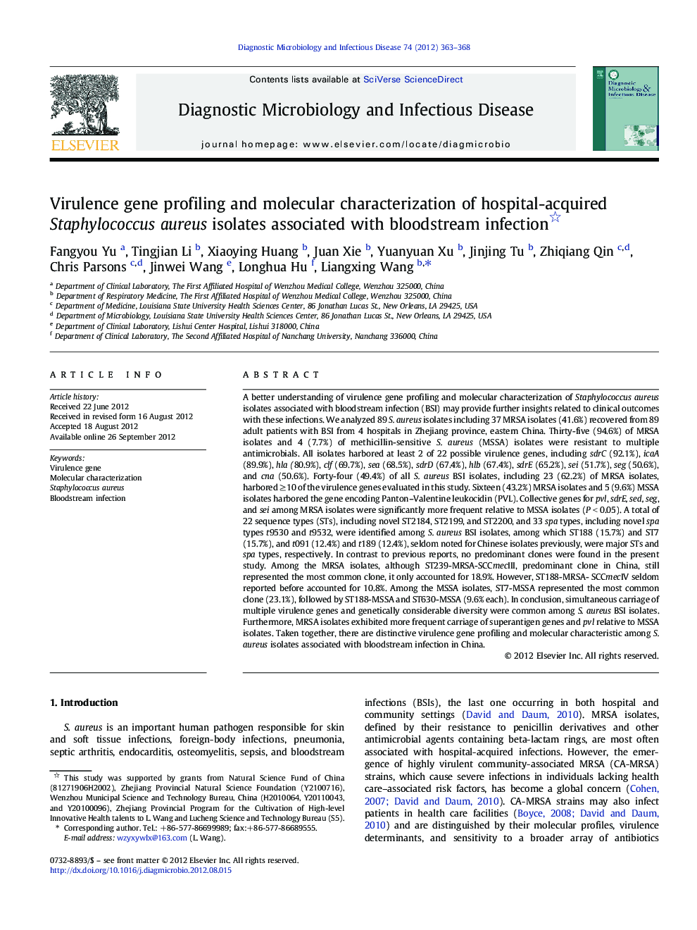 Virulence gene profiling and molecular characterization of hospital-acquired Staphylococcus aureus isolates associated with bloodstream infection